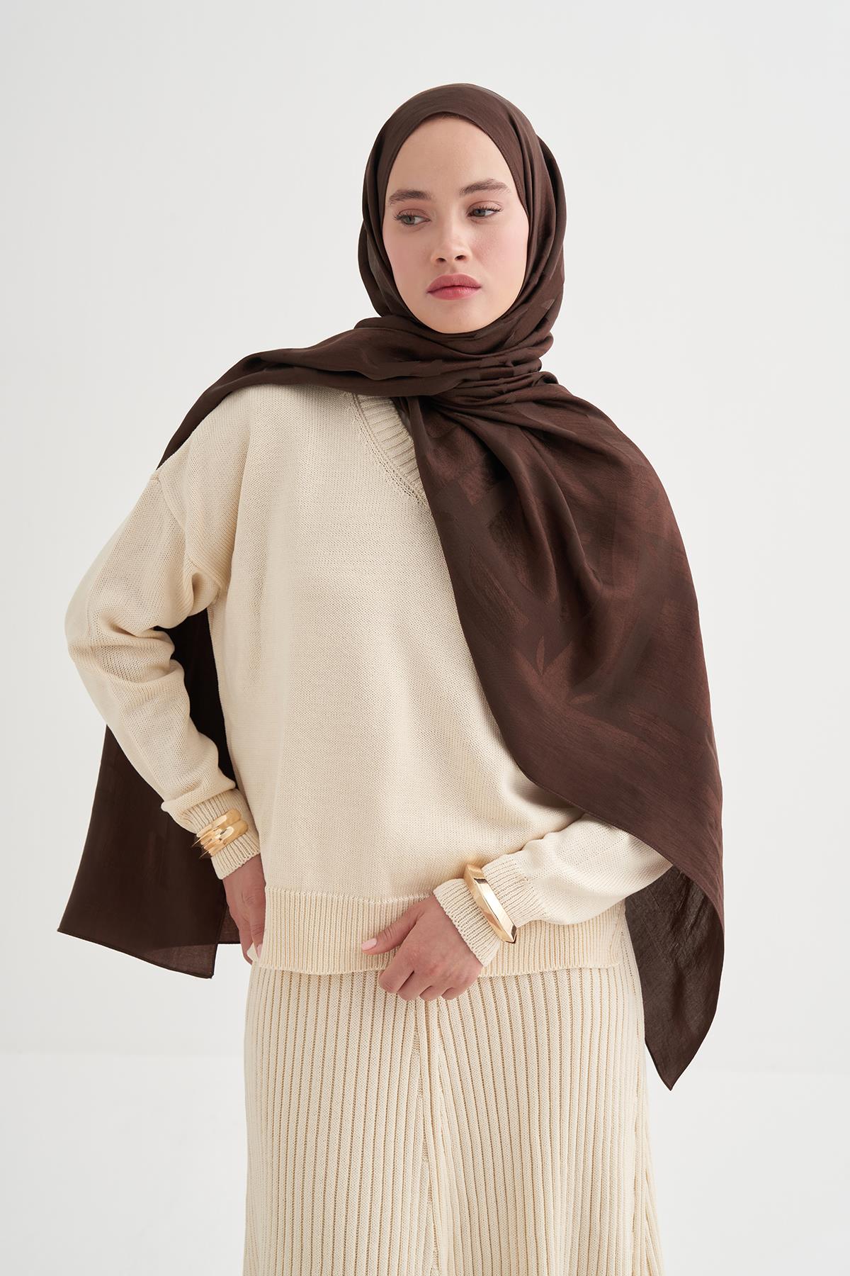 Geometrik Desen Liora Pamuk Şal Acı Kahve