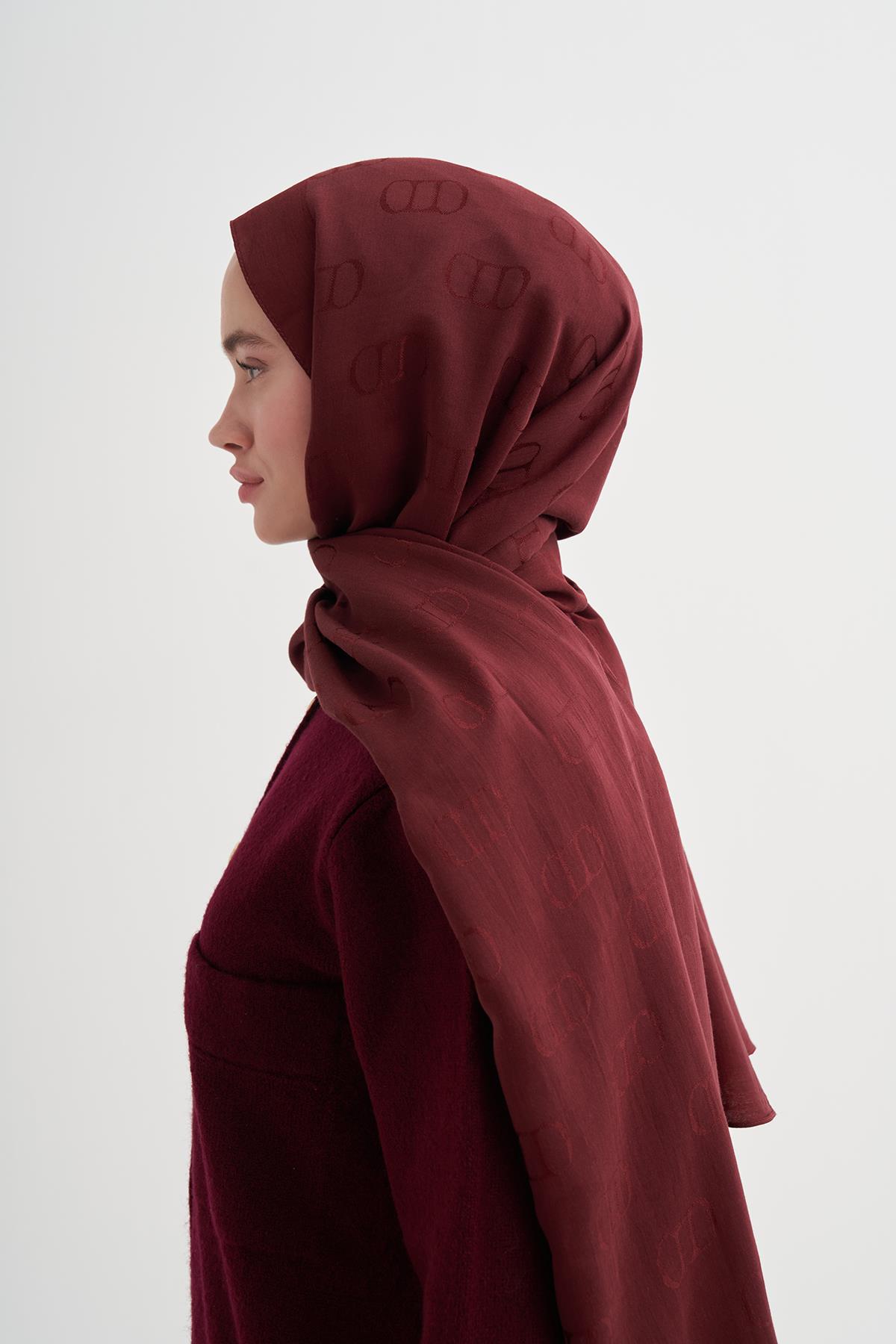 Monogram Desen Liora Pamuk Şal Bordo