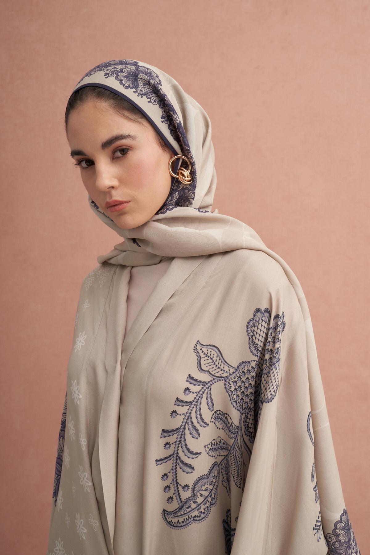 Floral Floş Abaya Latte