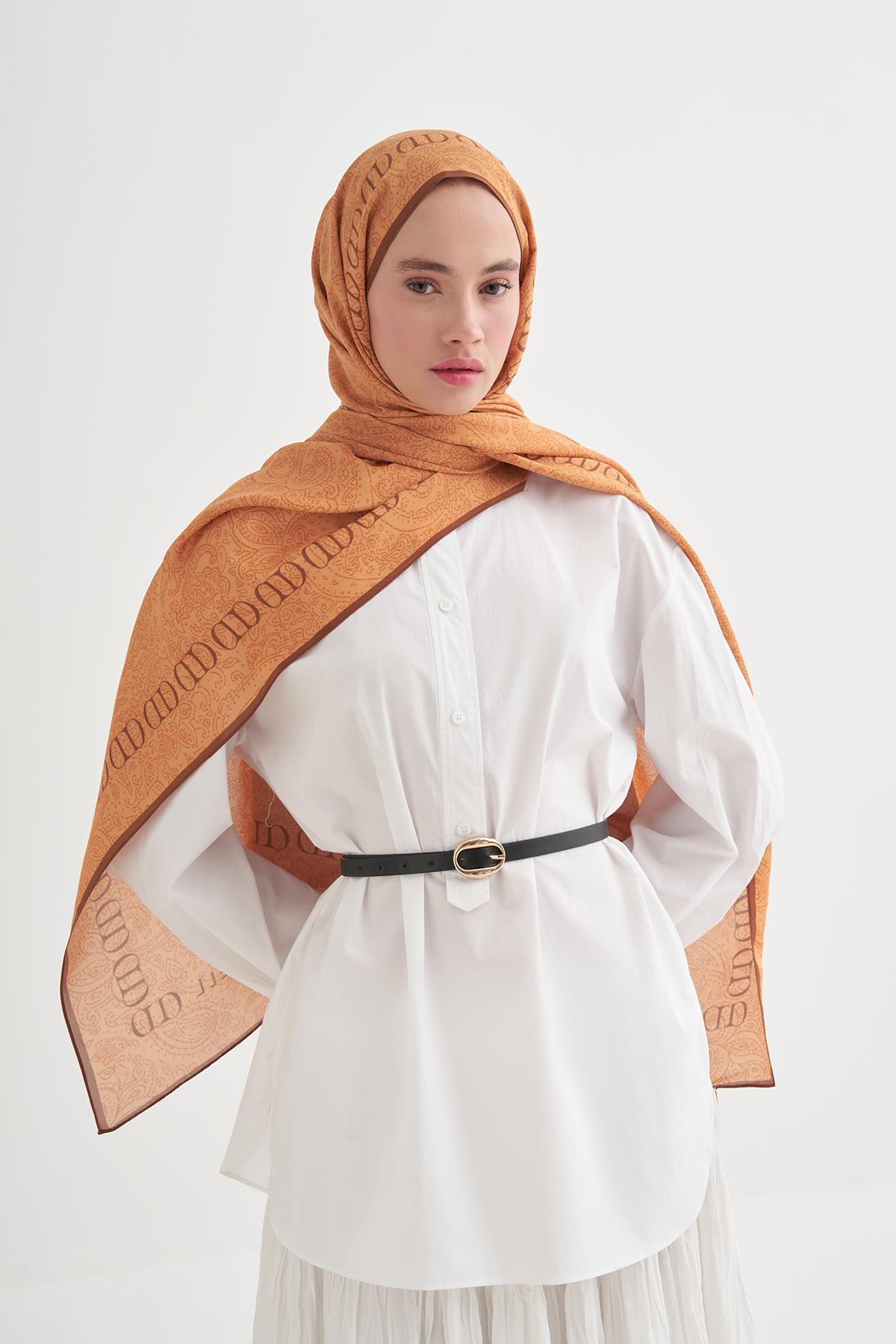 Elenora Monogram Floş Şal Turuncu