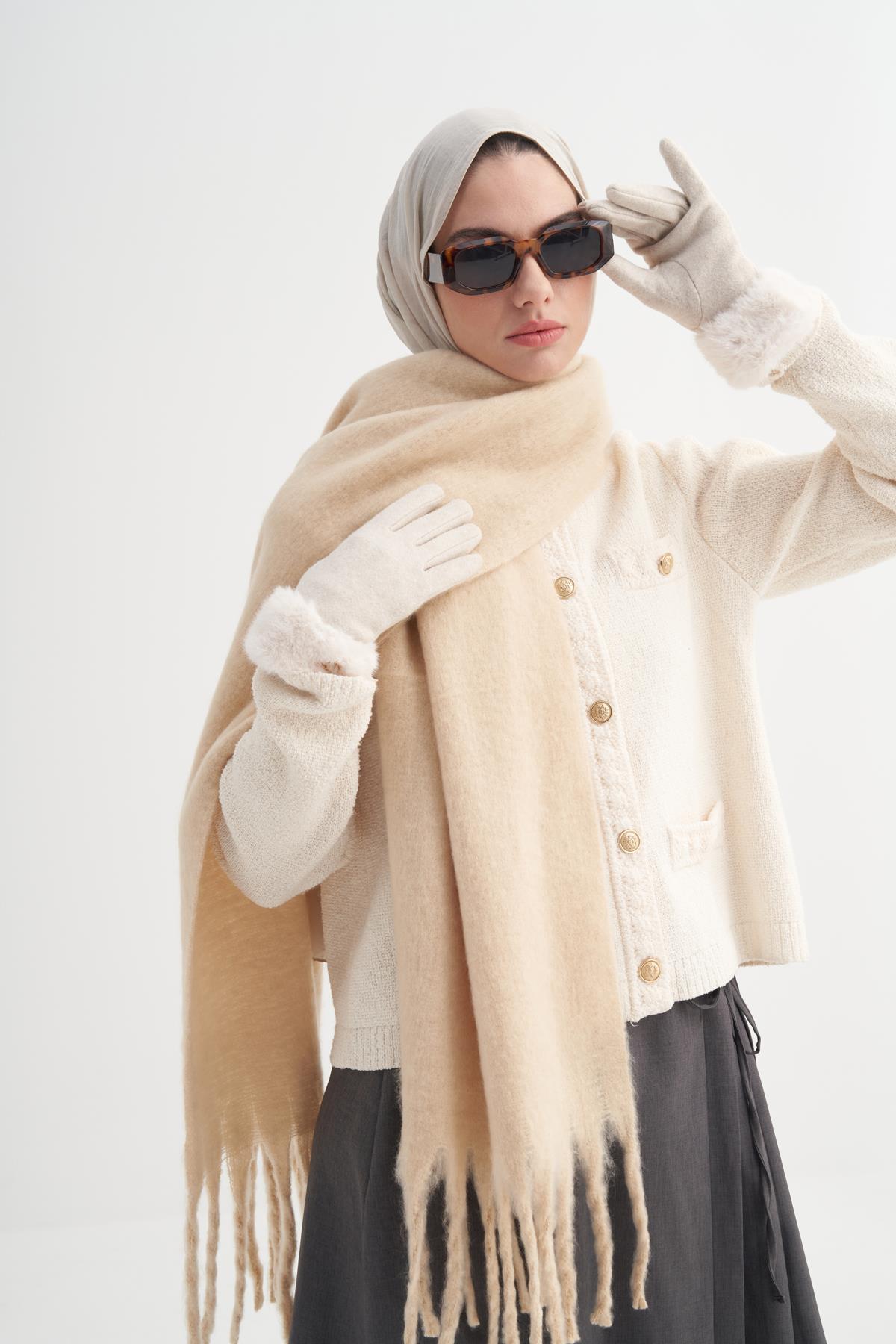 Kürk Detaylı Eldiven Bej