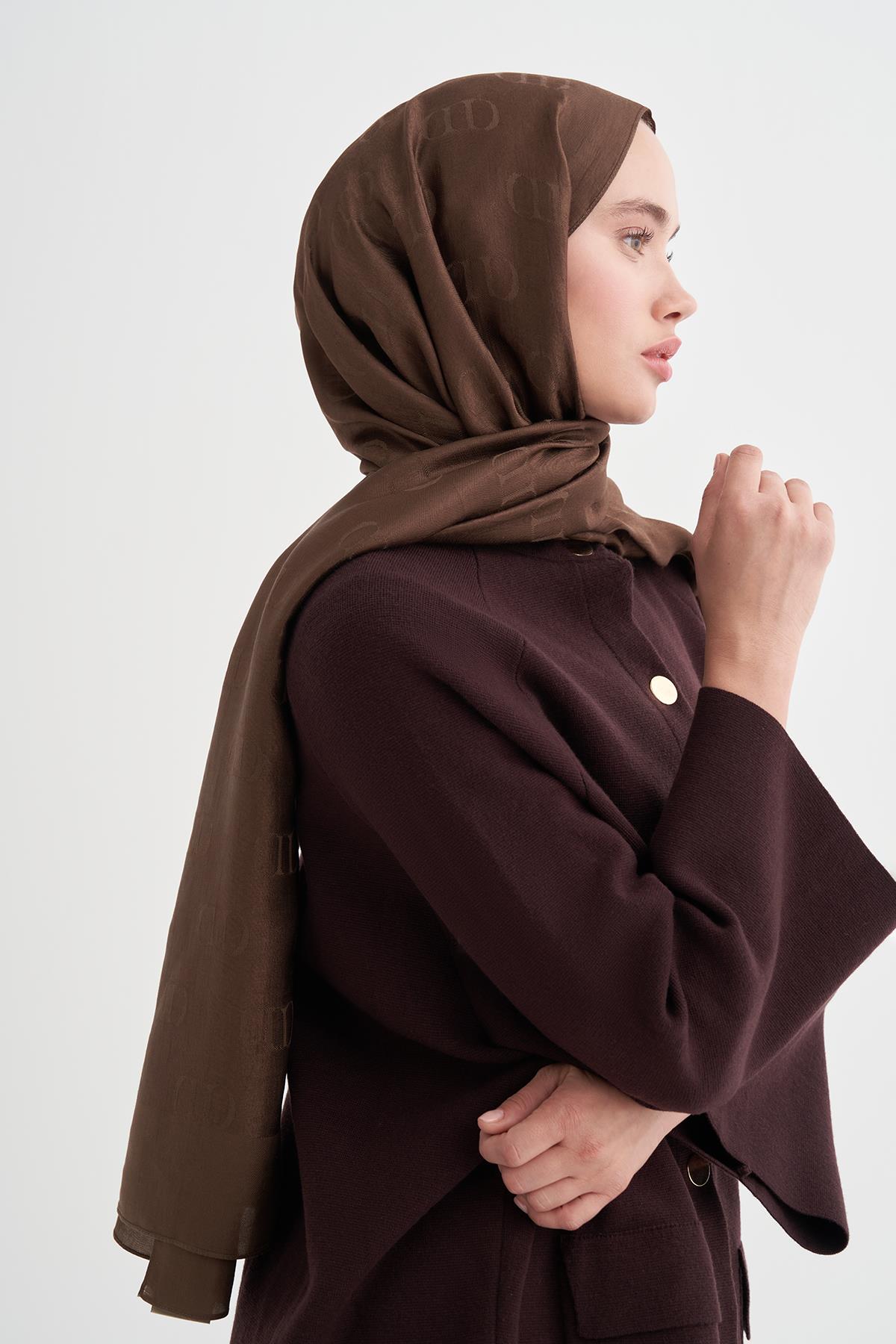 Monogram Desen Liora Pamuk Şal Mocha