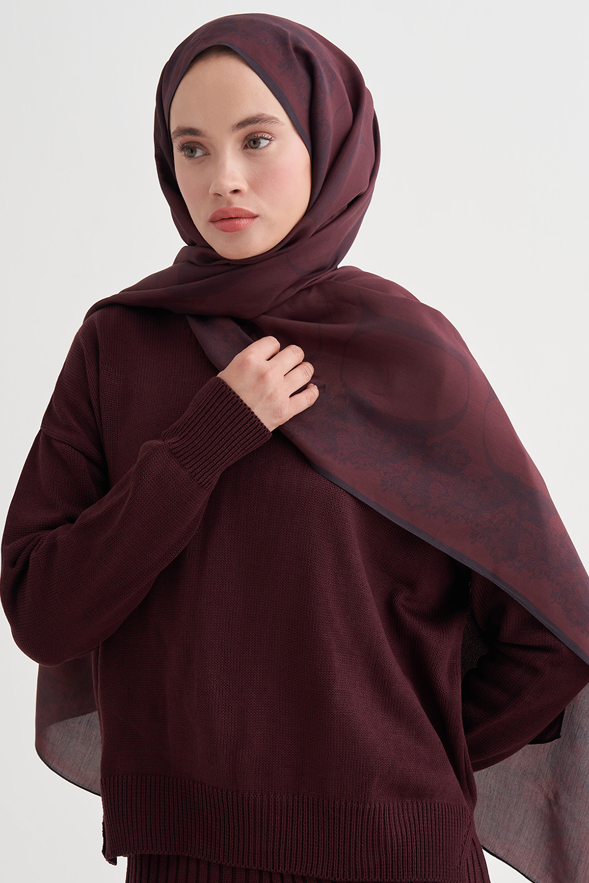 Floral Monogram Floş Şal Mürdüm