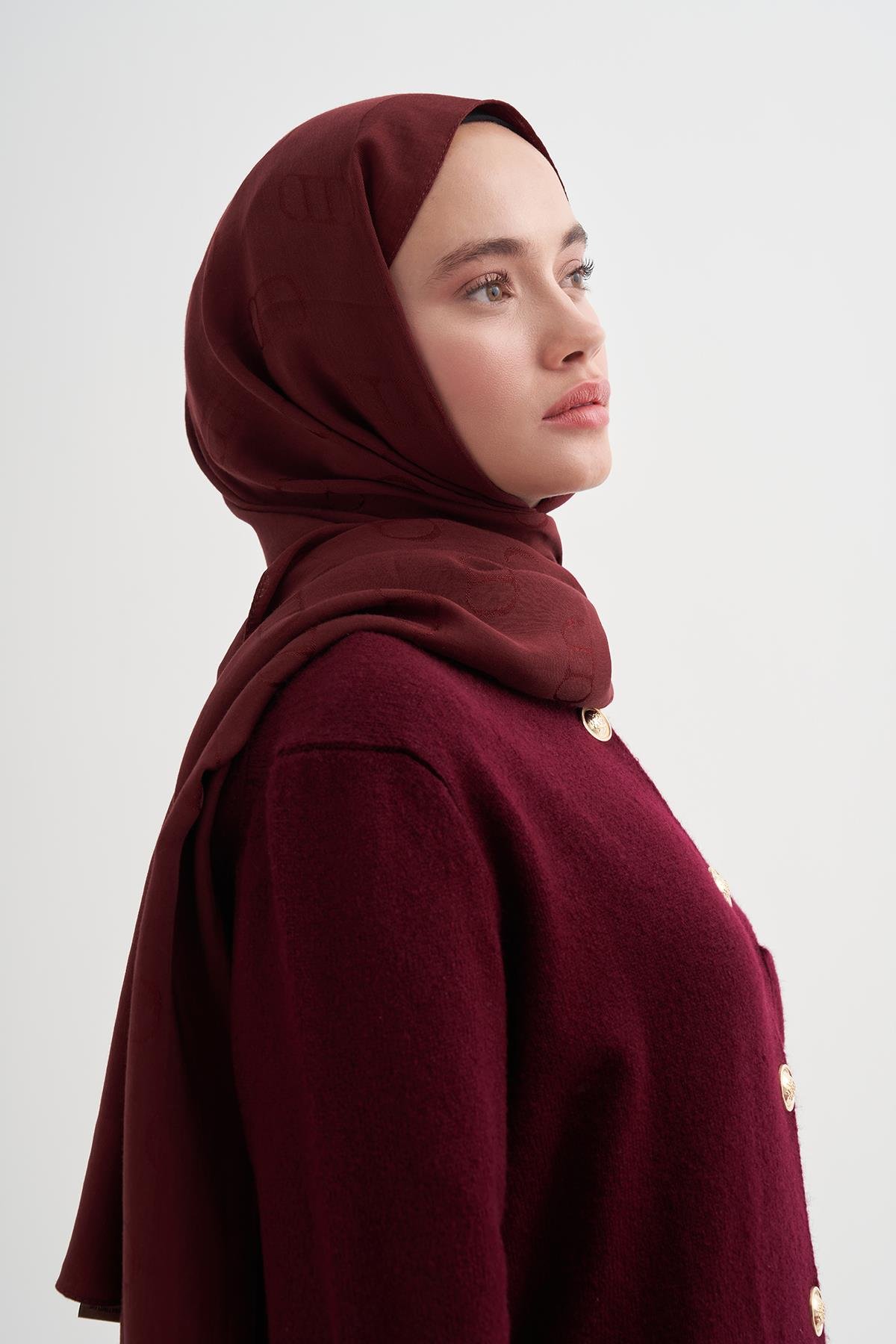 Monogram Desen Liora Pamuk Şal Bordo