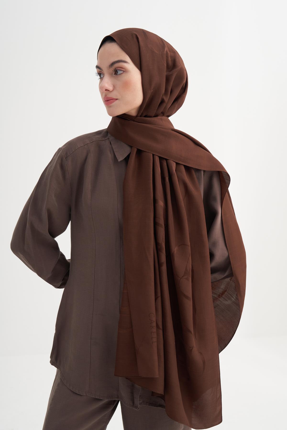 Aura Desen Rina Floş Jakar Şal Çikolata Kahve