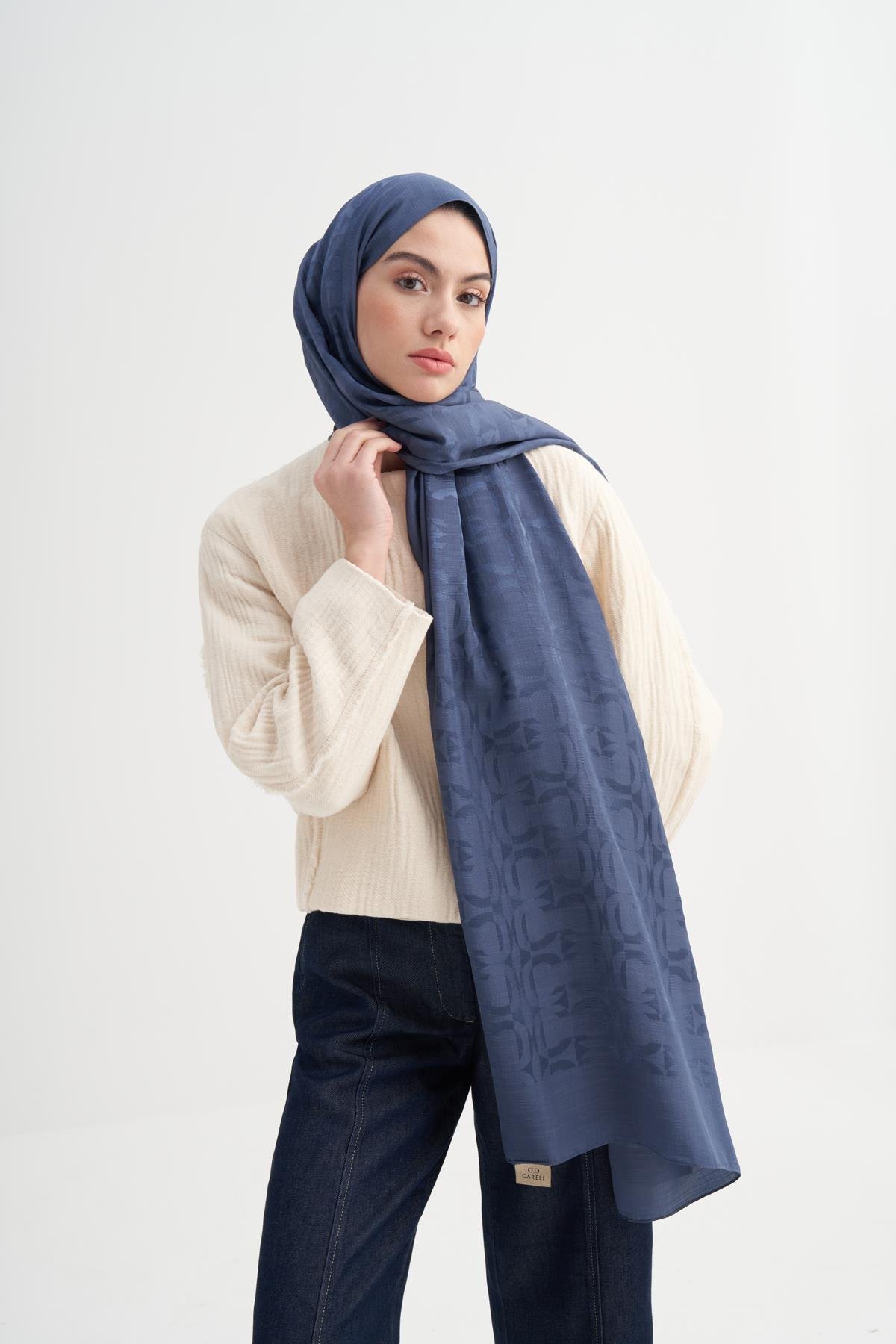 Blok Desen Rina Floş Jakar Şal Kot Mavi