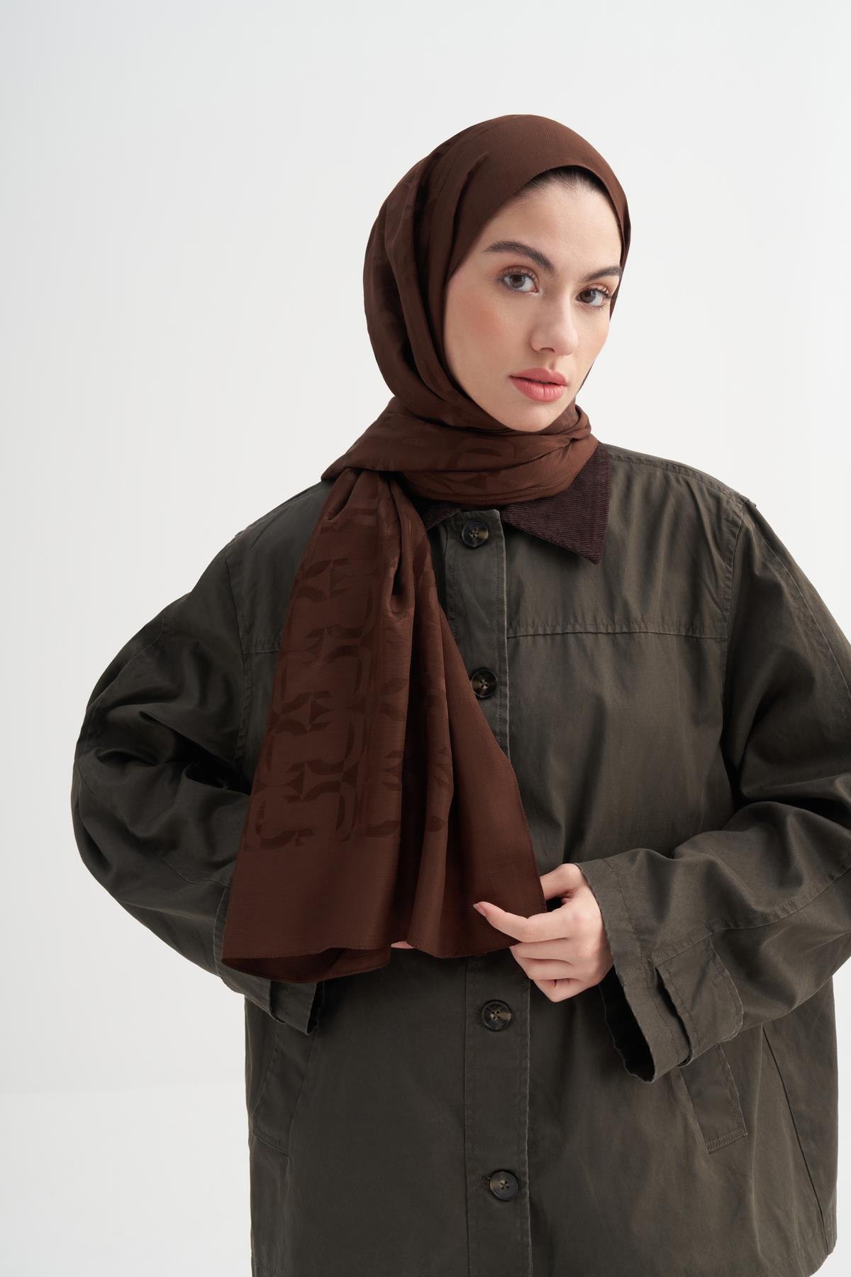 Blok Desen Rina Floş Jakar Şal Çikolata Kahve