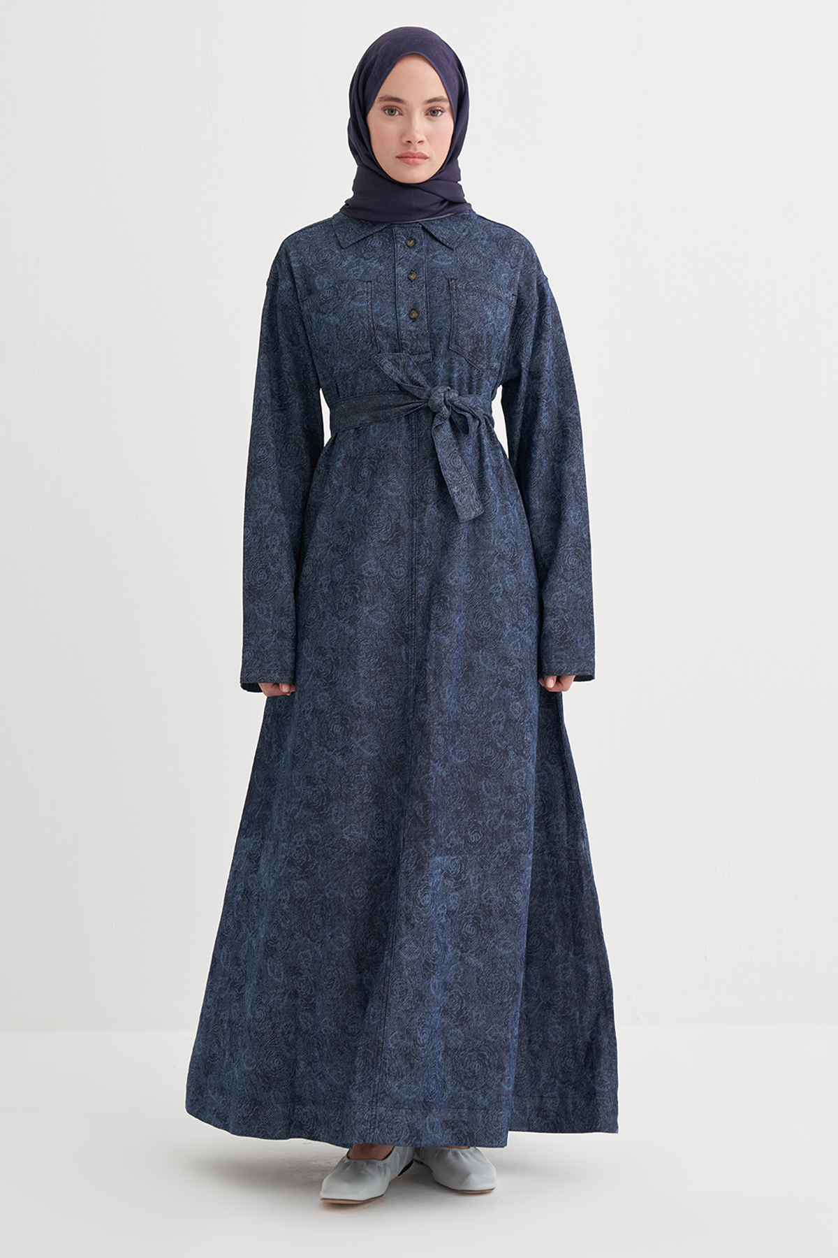 Liz Desenli Uzun Denim Elbise Koyu Mavi