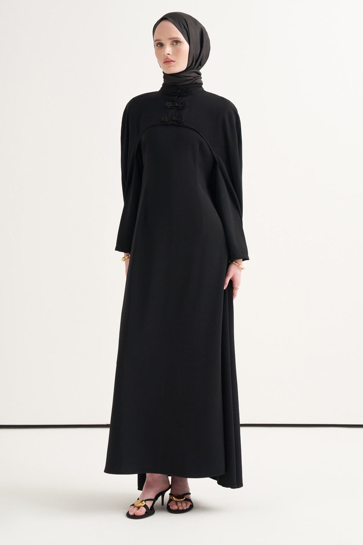 Çin Düğmeli Kaftan Elbise Siyah