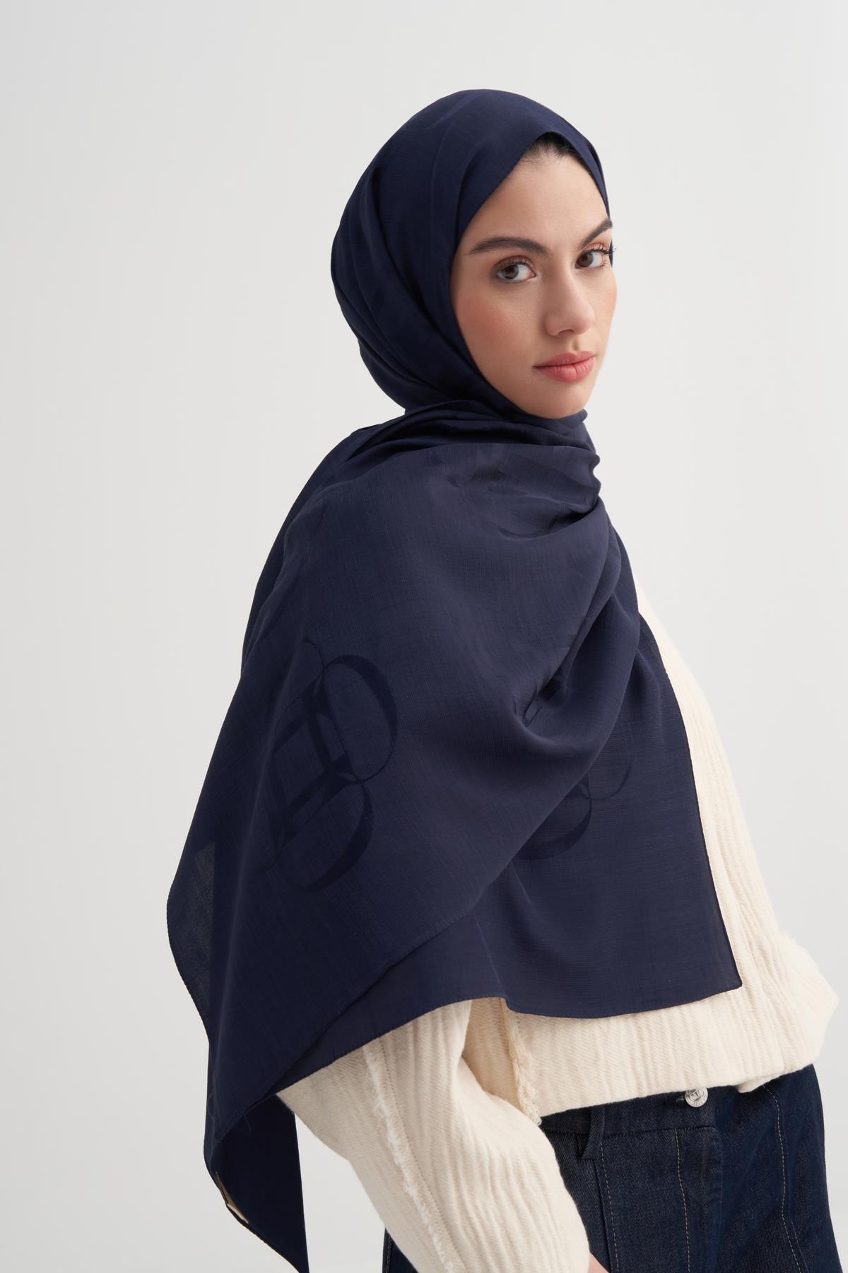 Aura Desen Rina Floş Jakar Şal Koyu Lacivert