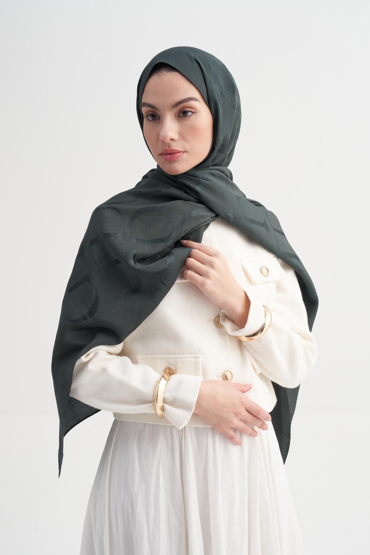 Monogram Desen Rina Floş Jakar Şal Orman Yeşili