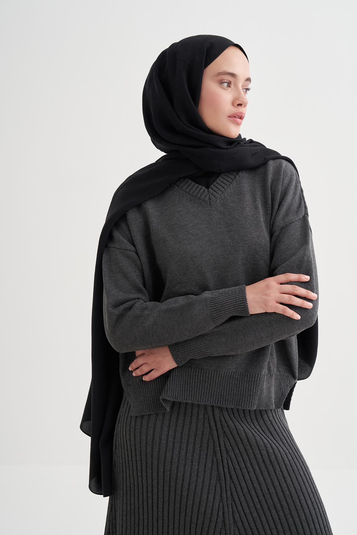 Monogram Desen Liora Pamuk Şal Siyah