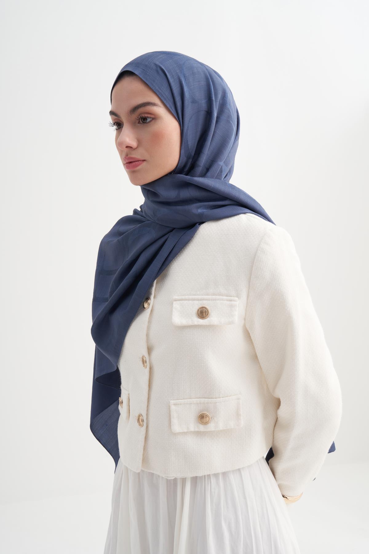 Monogram Desen Rina Floş Jakar Şal Kot Mavi