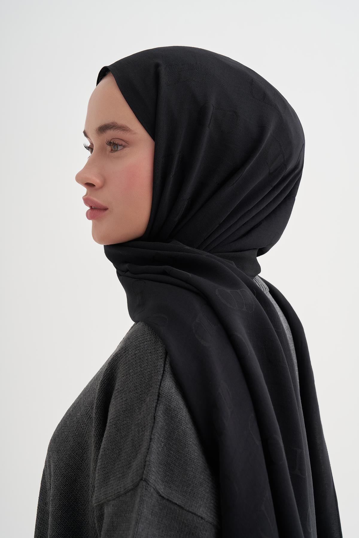 Monogram Desen Liora Pamuk Şal Siyah