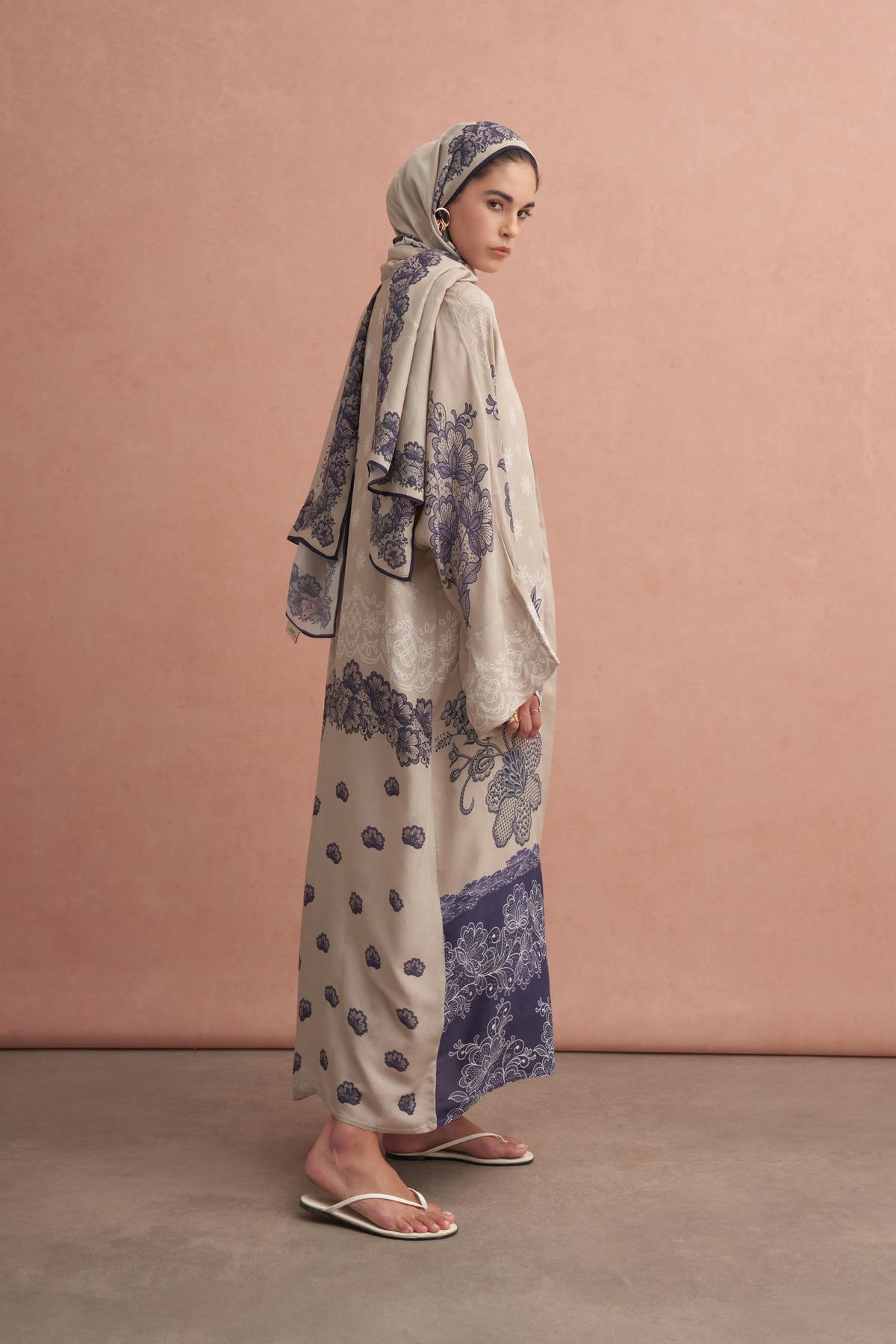 Floral Floş Abaya Latte