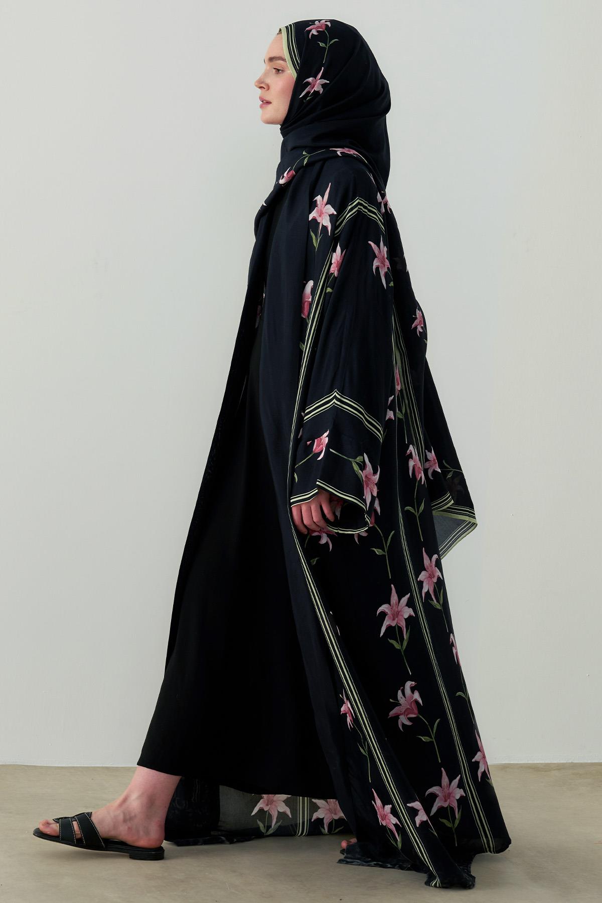 Blooming Floş Abaya Siyah