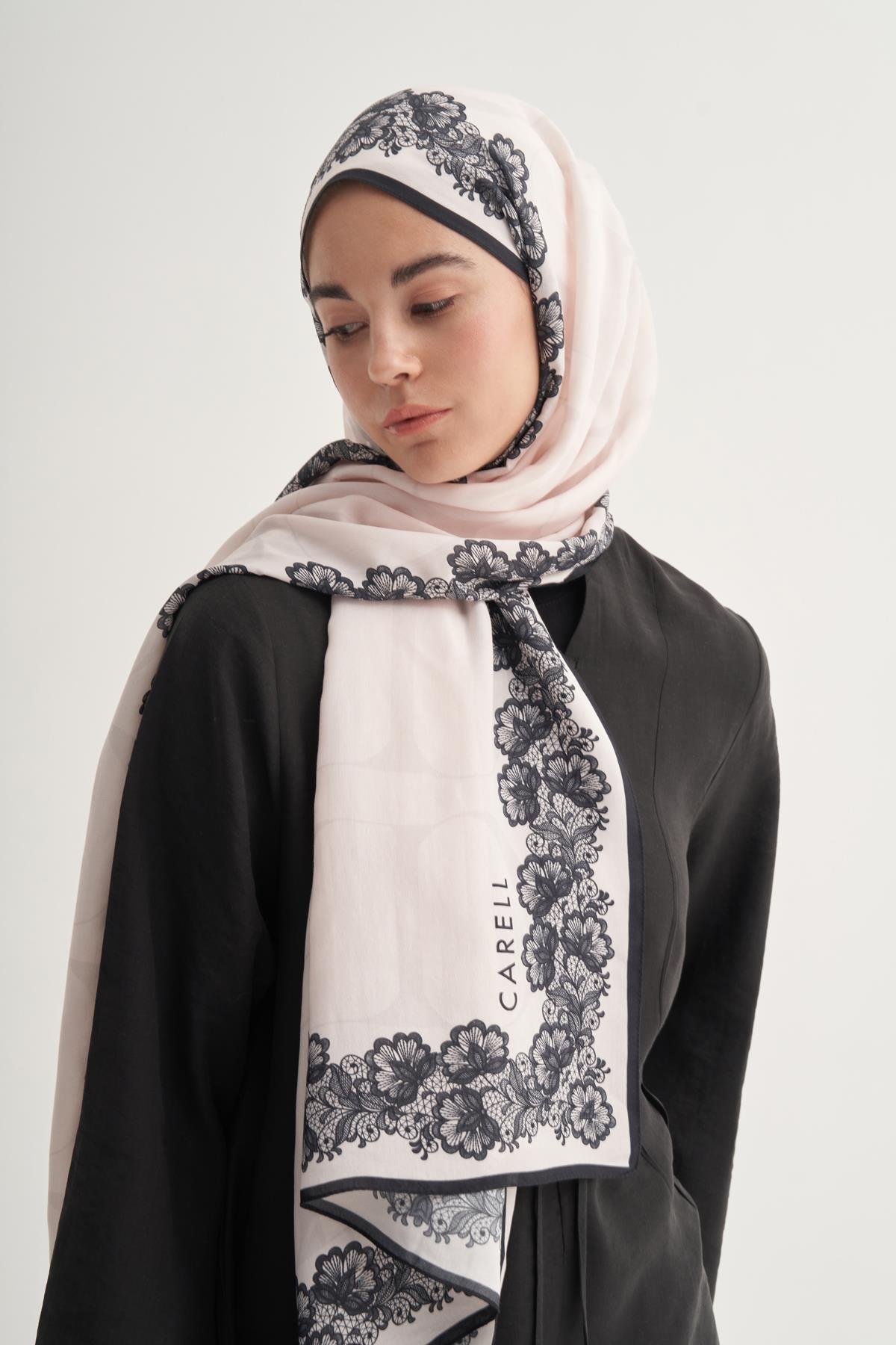 Floral Monogram Floş Şal Krem