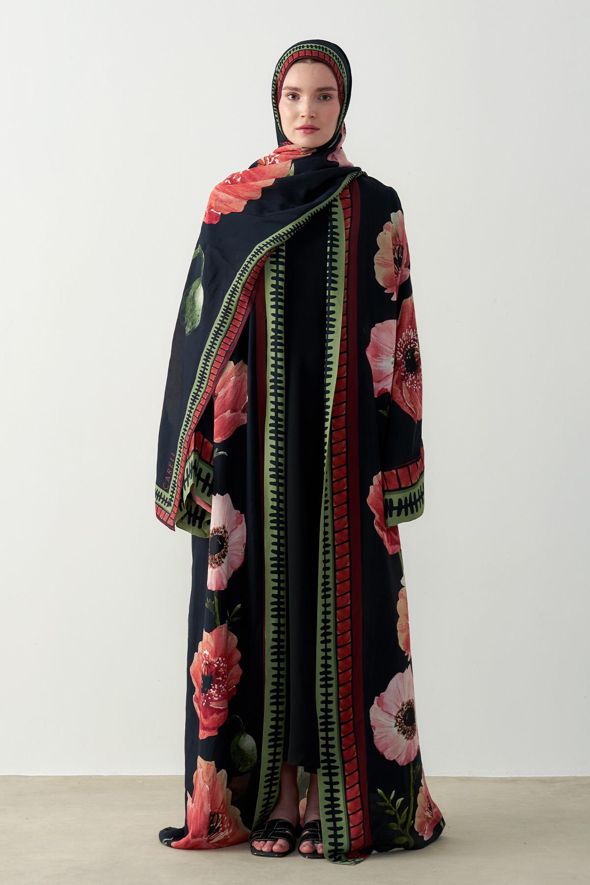 Roselle Floş Abaya Siyah