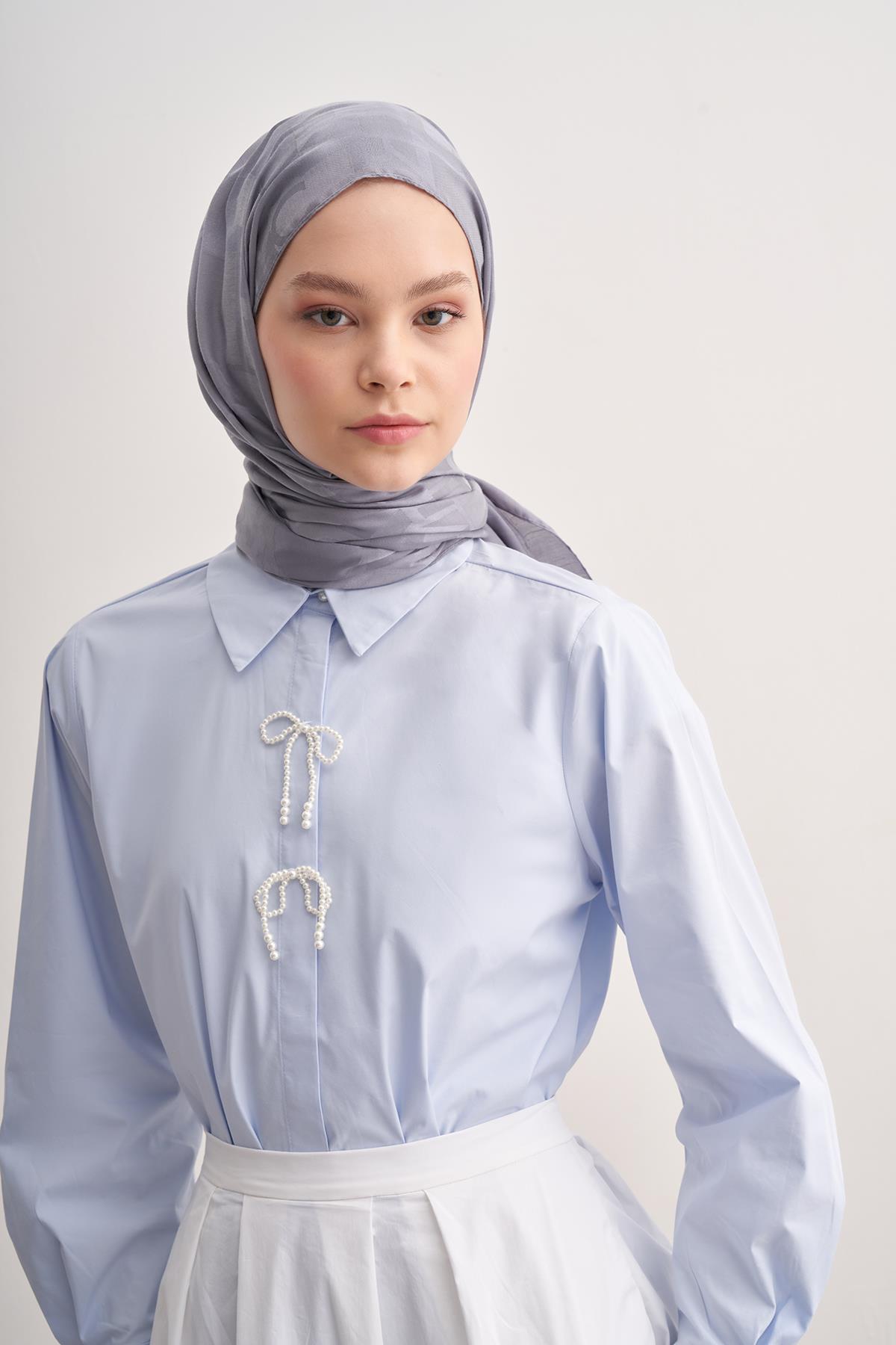 Yazı Desen Jakar İtalyan İpekli Şal Silver Gri