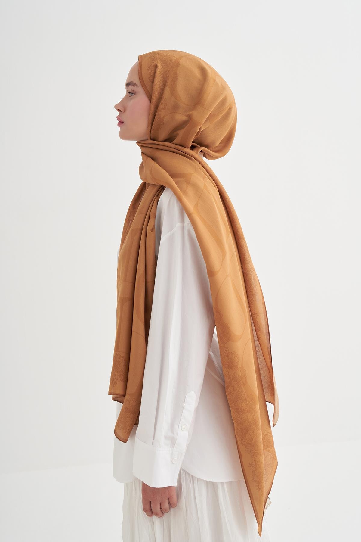 Floral Monogram Floş Şal Hardal