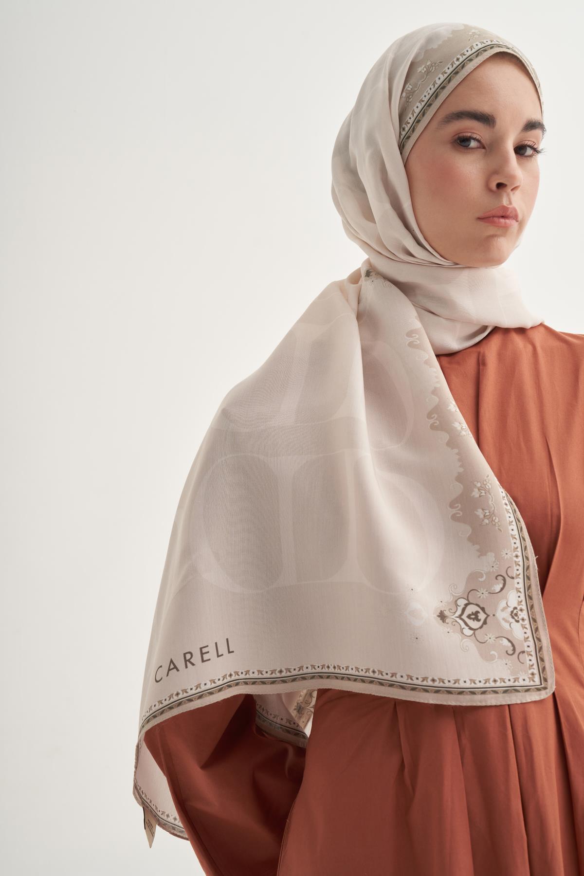 Luxe Çiçekli Monogram Floş Şal Bej