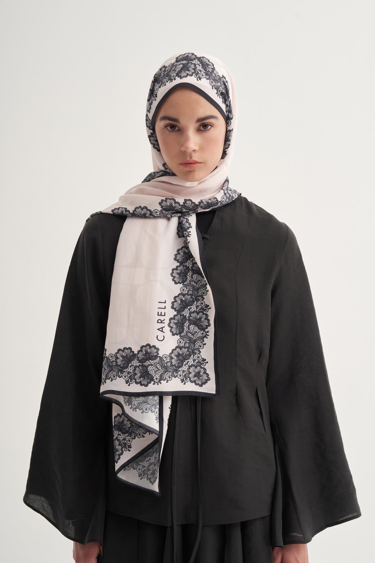 Floral Monogram Floş Şal Krem