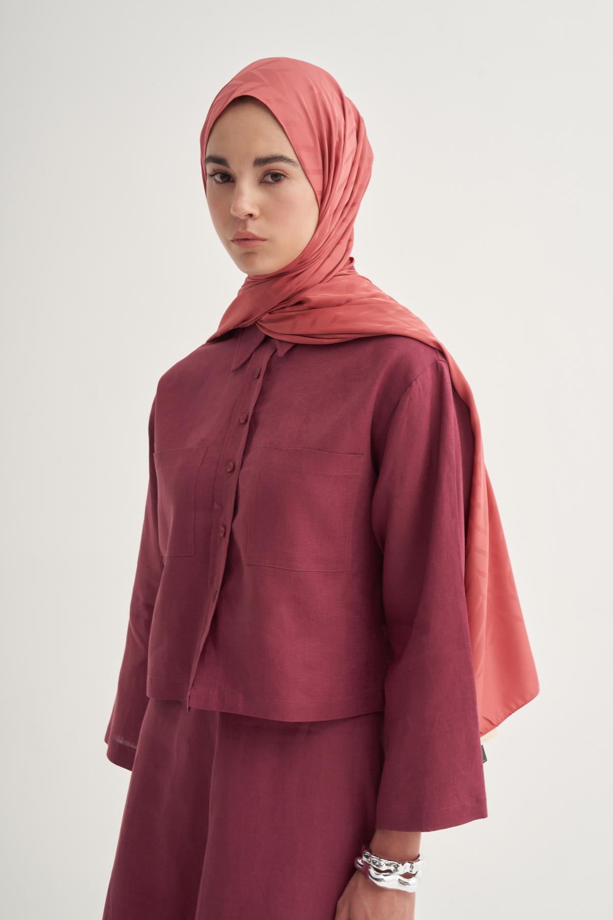 Baklava Desen Pamuk İpek Şal Mercan