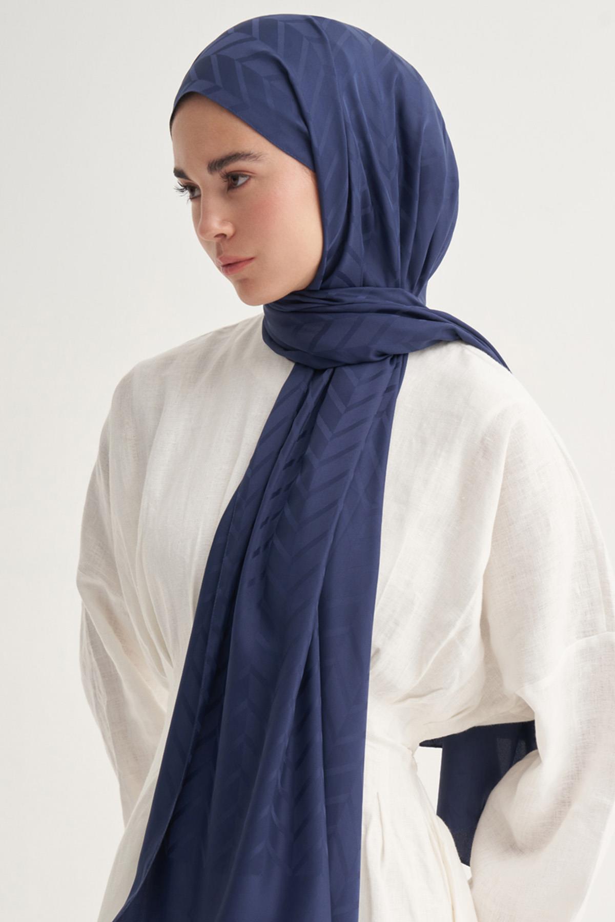 Baklava Desen Pamuk İpek Şal Lacivert