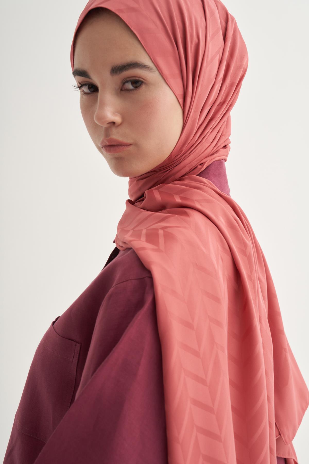 Baklava Desen Pamuk İpek Şal Mercan