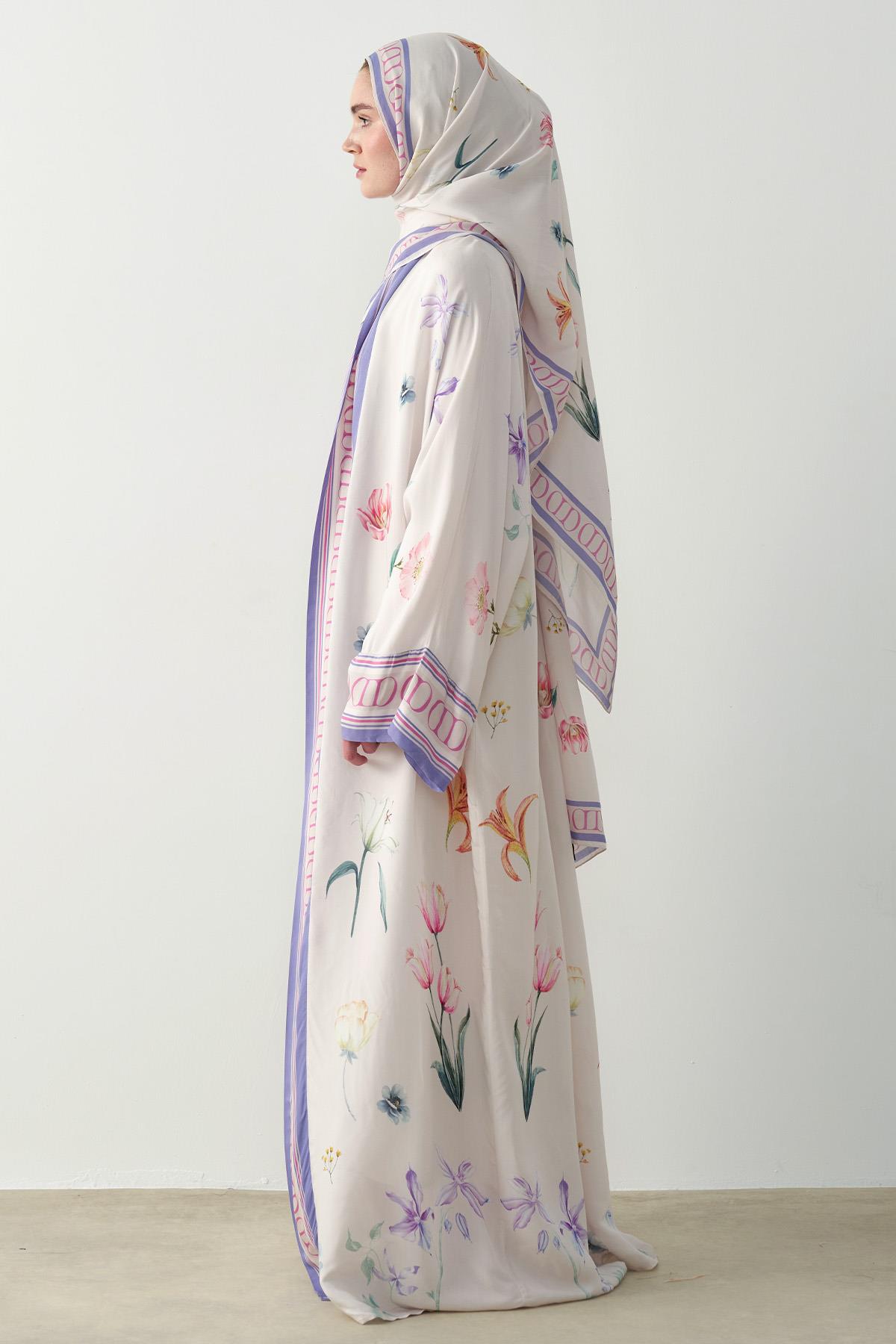 Dream Çiçekli Floş Abaya Krem