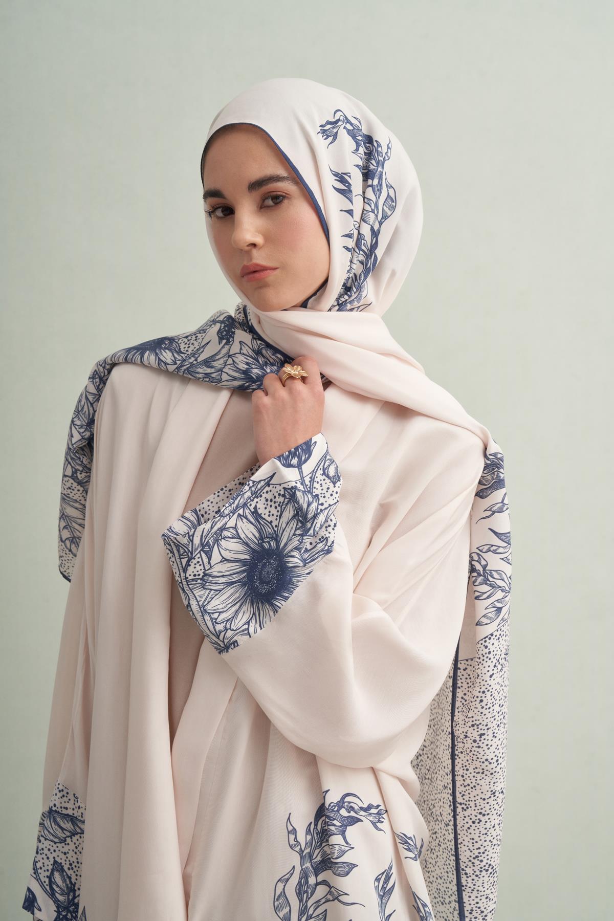 Navy Floş Abaya Krem