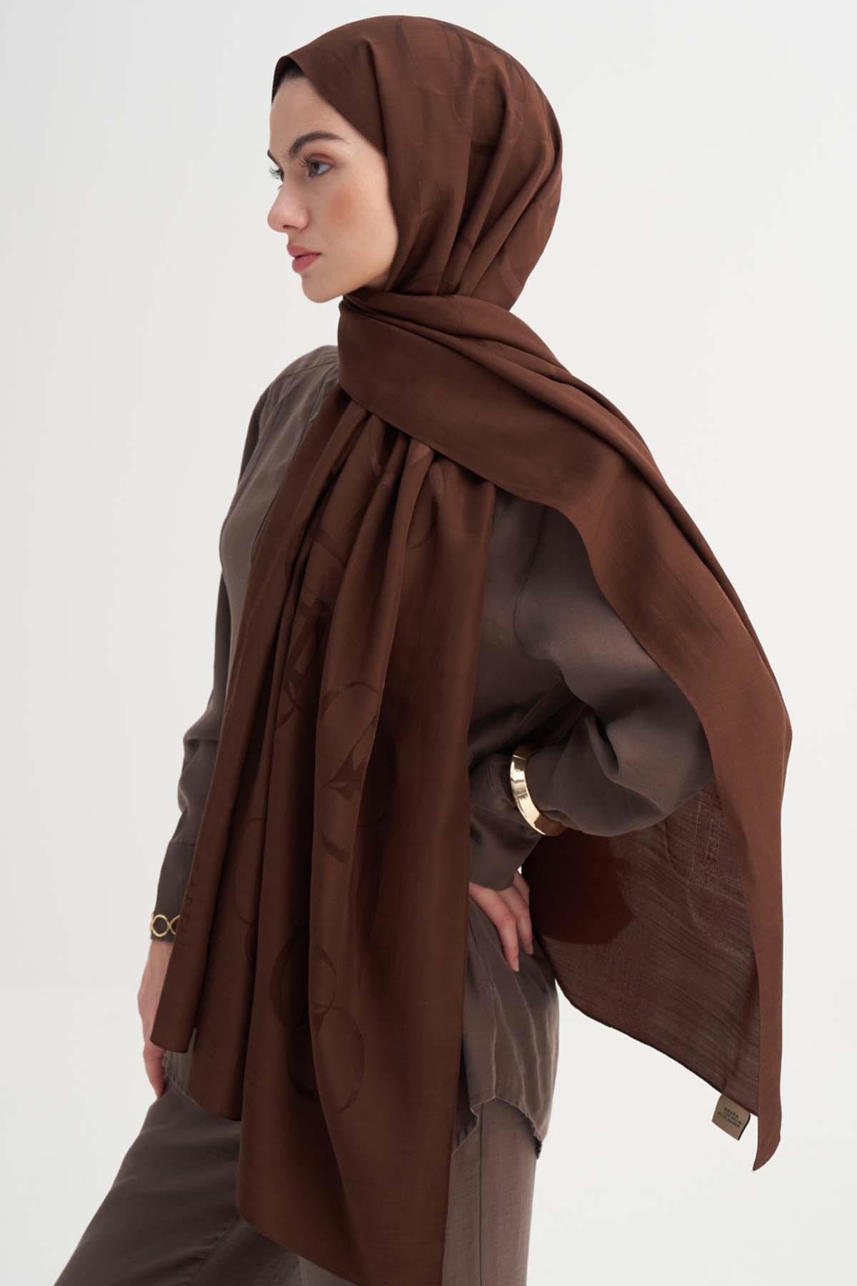 Aura Desen Rina Floş Jakar Şal Çikolata Kahve