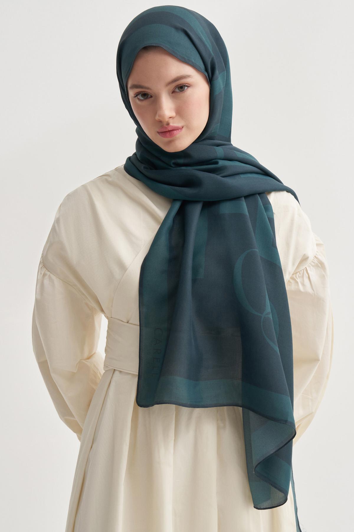 Glamour Zümrüt Yeşili Monogram Floş Şal