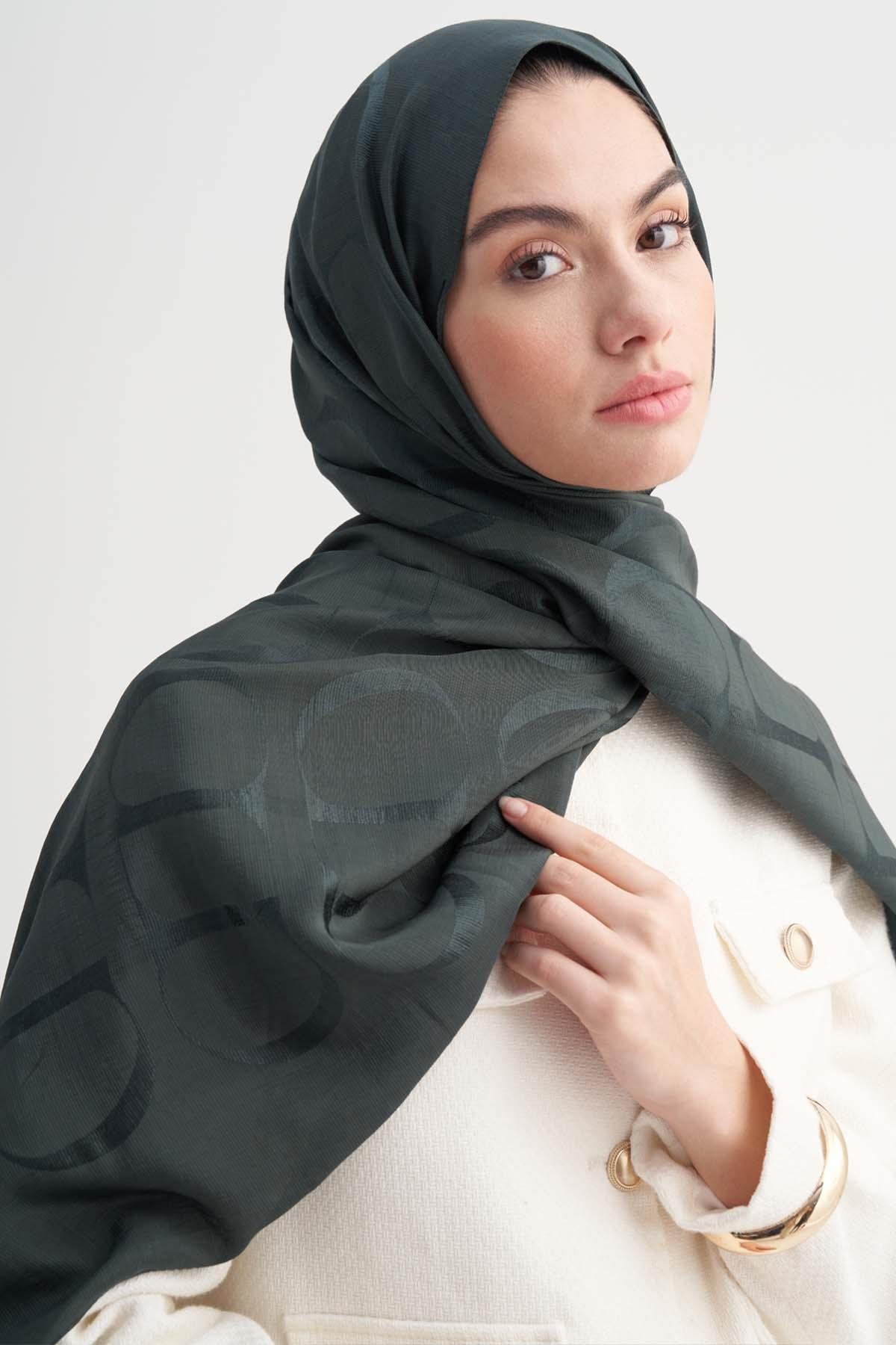 Monogram Desen Rina Floş Jakar Şal Orman Yeşili