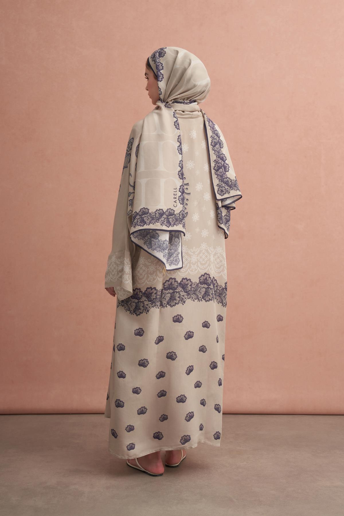 Floral Floş Abaya Latte