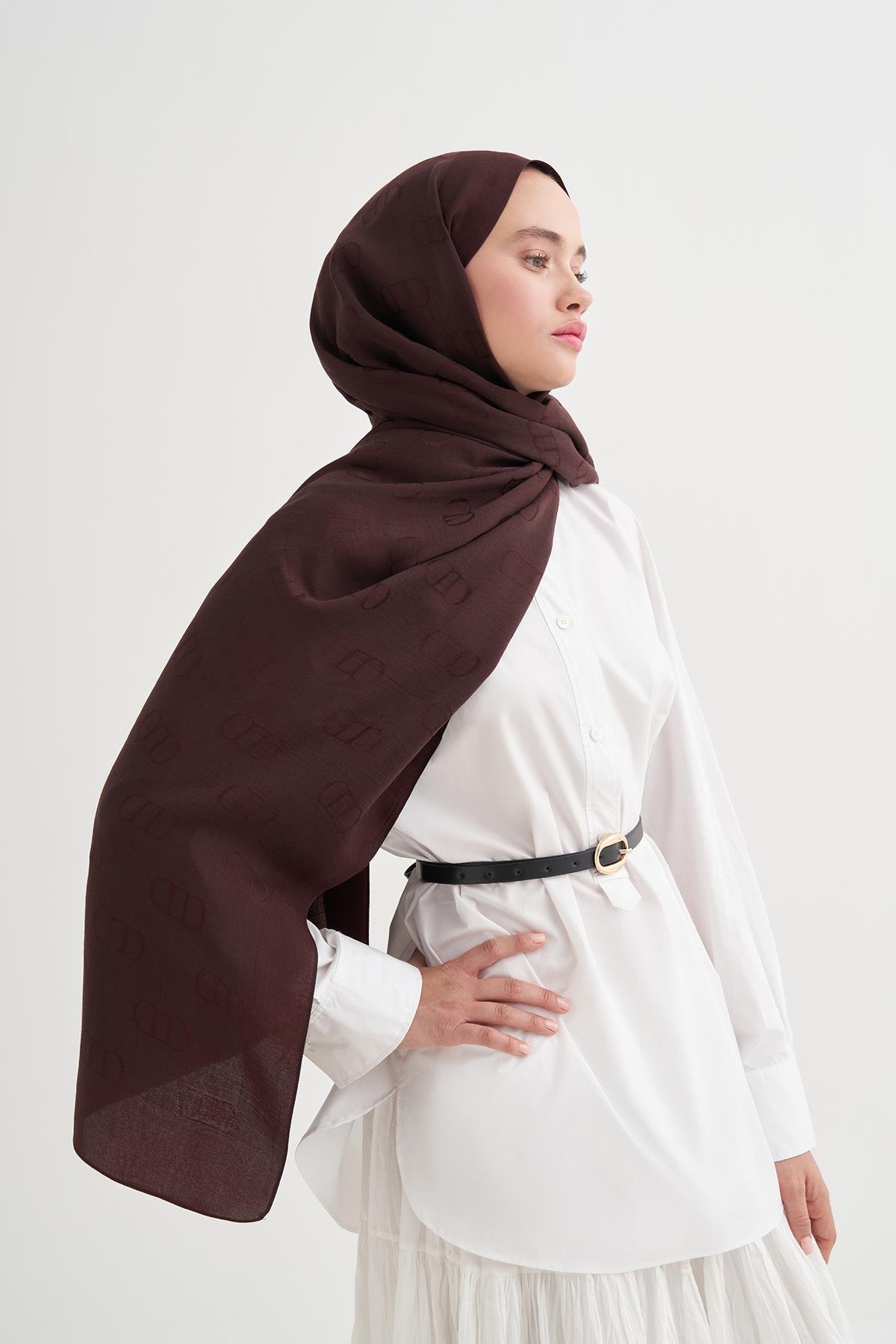 Monogram Desen Liora Pamuk Şal Mürdüm