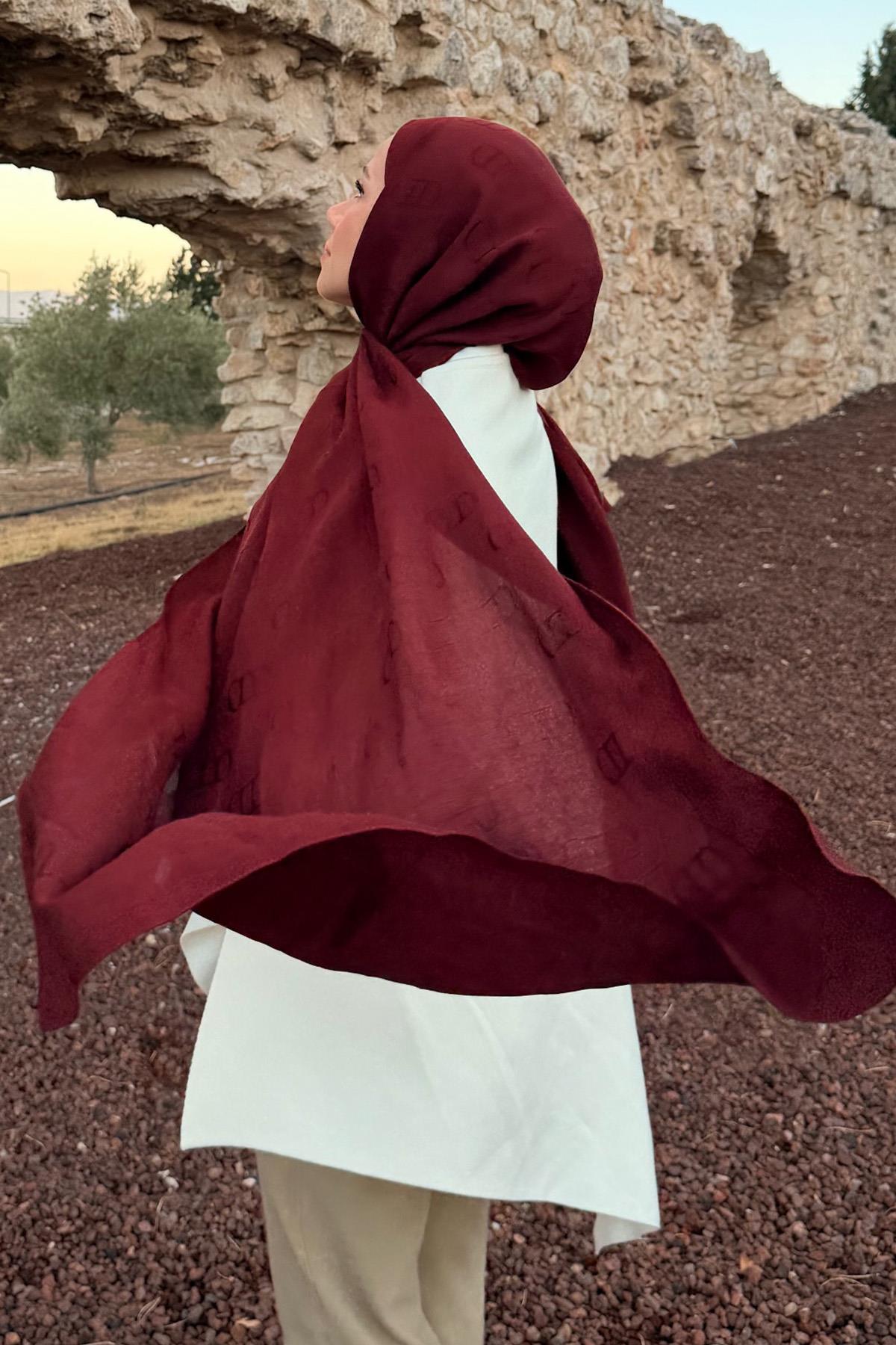 Feyzanın Tercihi Monogram Desen Liora Pamuk Şal Bordo