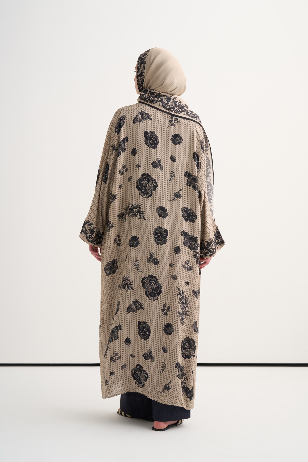 Floral Floş Abaya Vizon