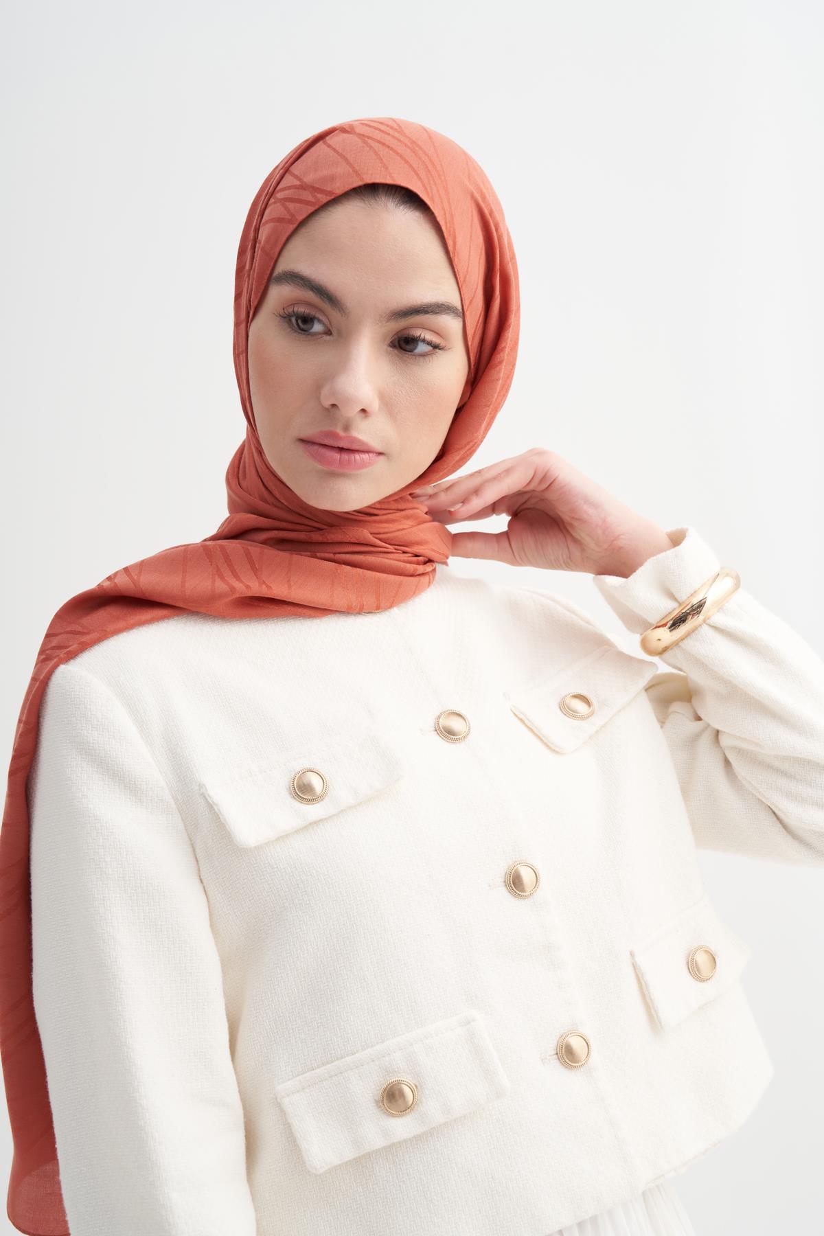 Simetrik Jakar  İtalyan İpekli Şal Kiremit