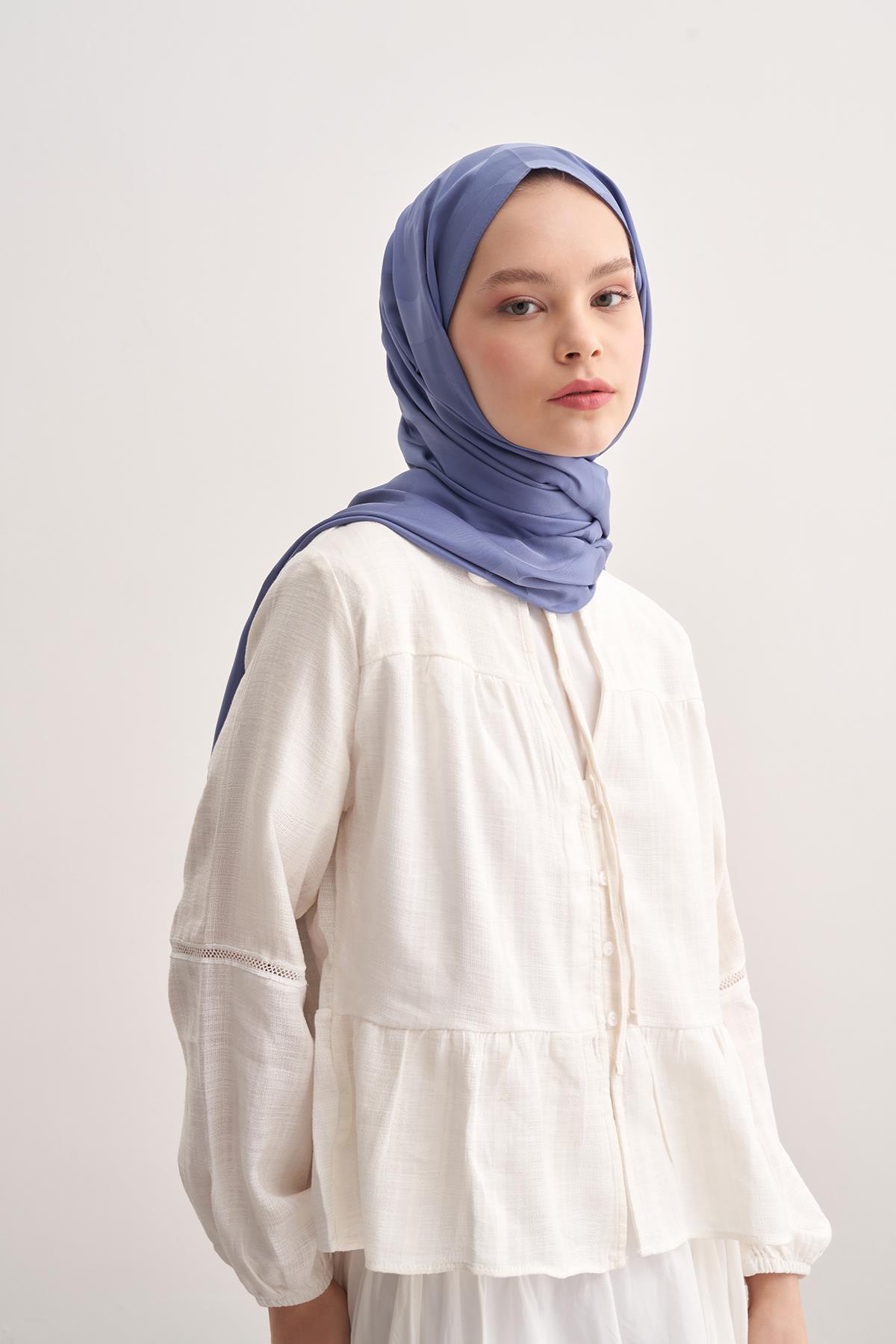 C Desen Monogram Pamuk İpek Şal Kot Mavi