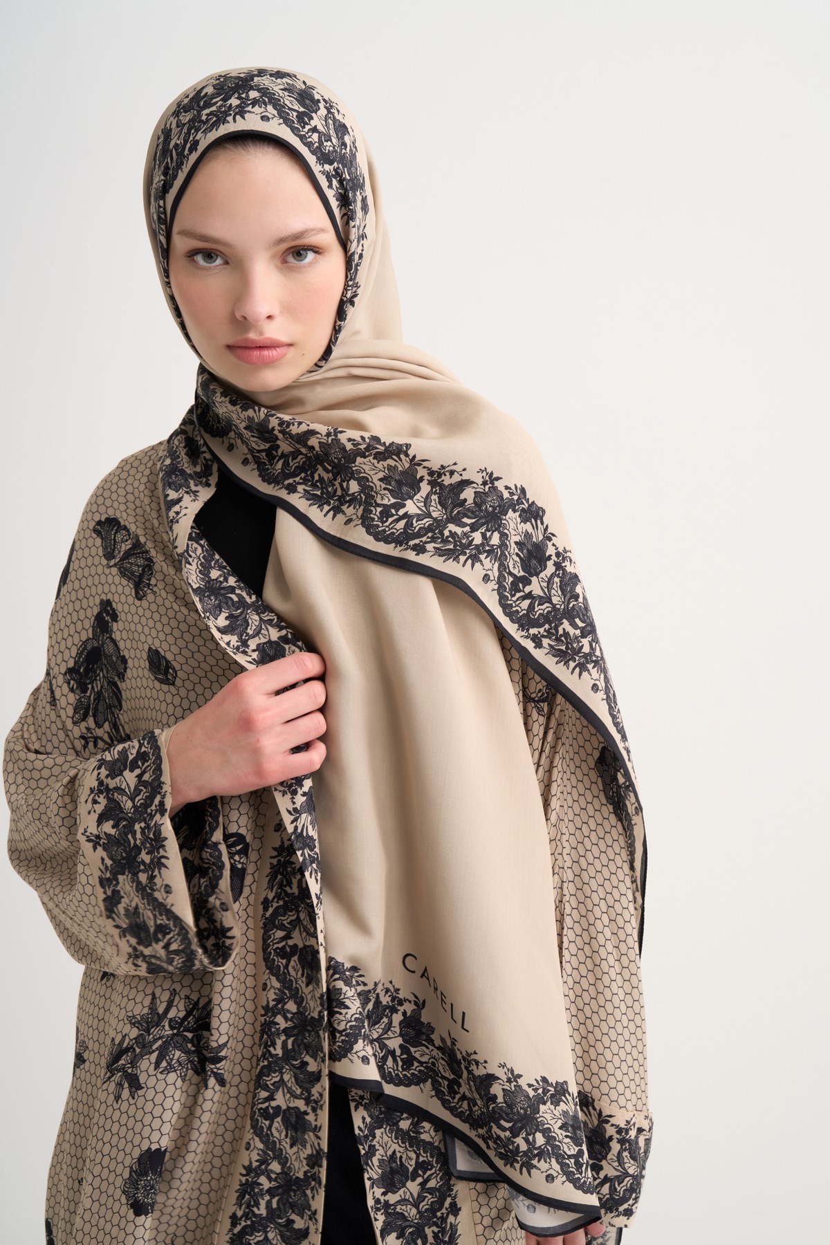 Floral Floş Abaya Vizon
