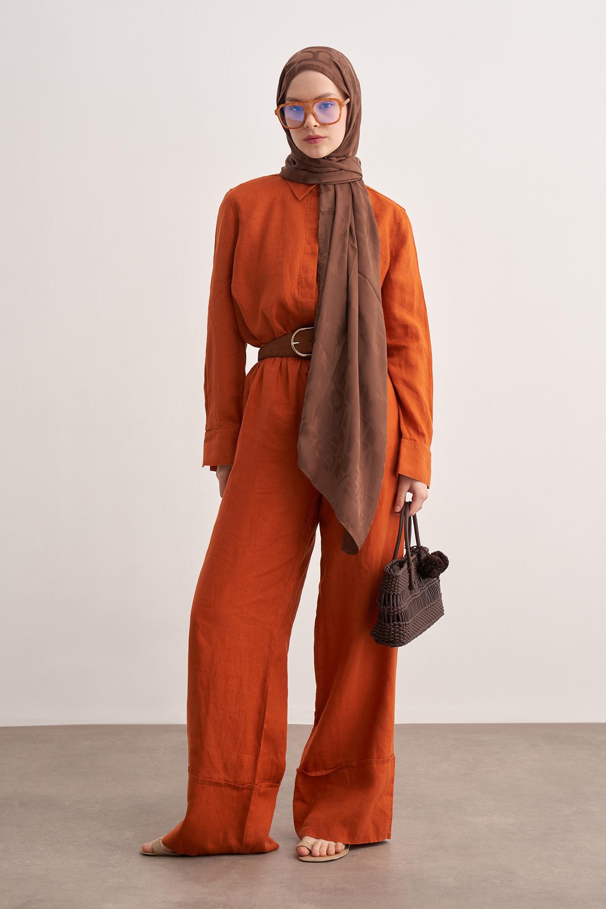 Yazı Desen Jakar İtalyan İpekli Şal Küllü Kahve