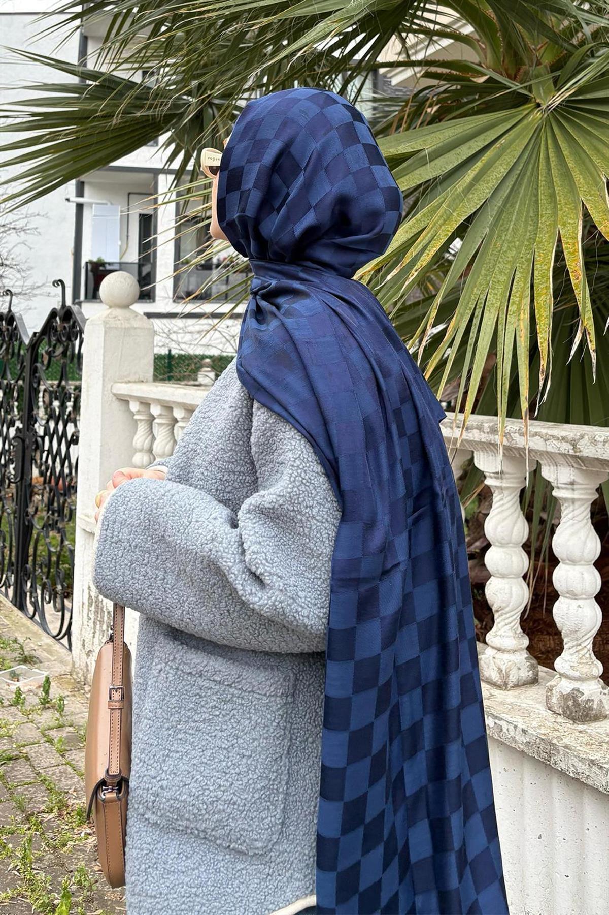 Ahyabenin Tercihi Dama Jakar İtalyan İpekli Şal Koyu Lacivert