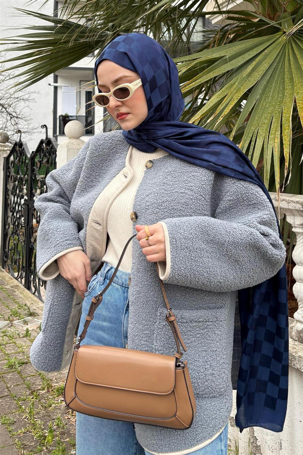 Ahyabenin Tercihi Dama Jakar İtalyan İpekli Şal Koyu Lacivert