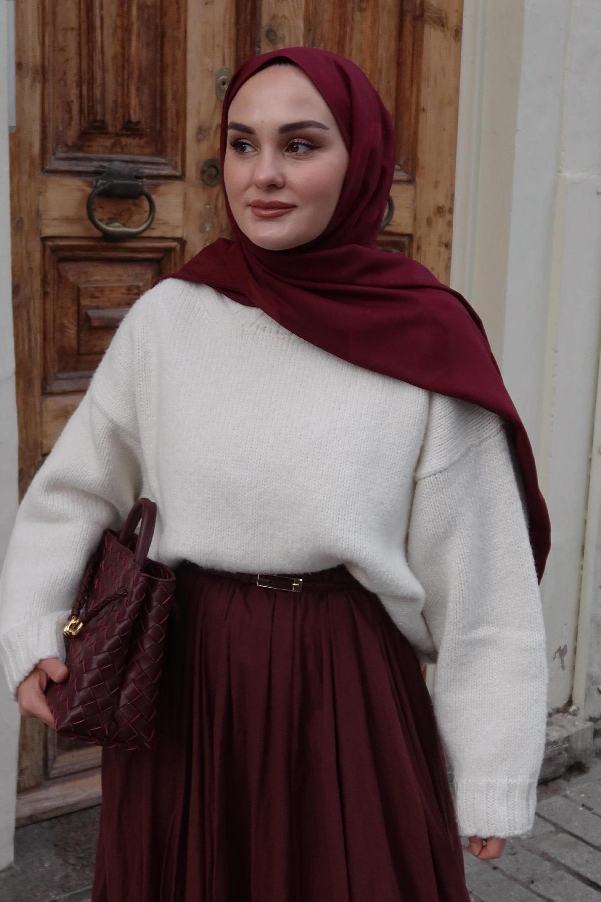 Aleyna Ataların Tercihi C Desen Monogram Pamuk İpek Şal Koyu Bordo