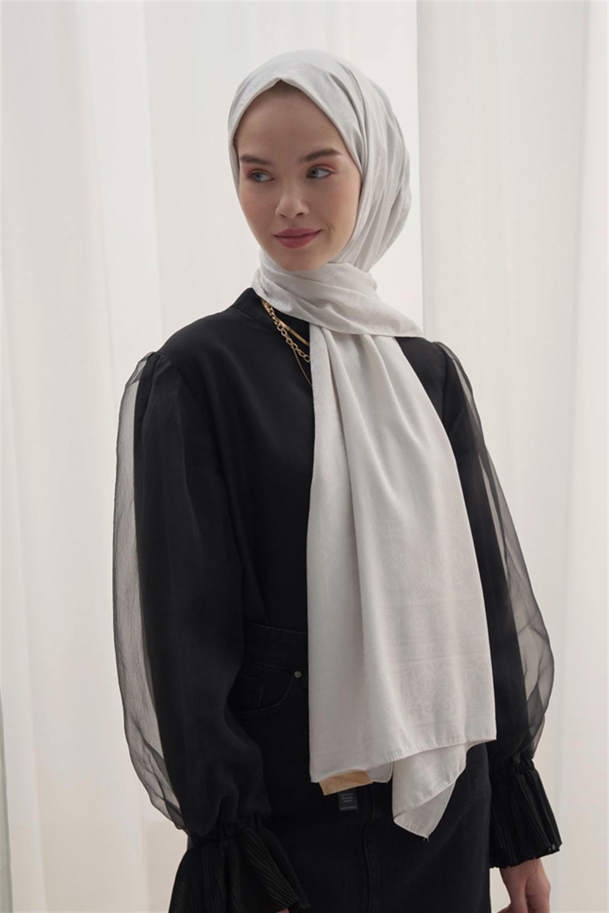 Antik Desen Pamuk İpek Şal Gümüş