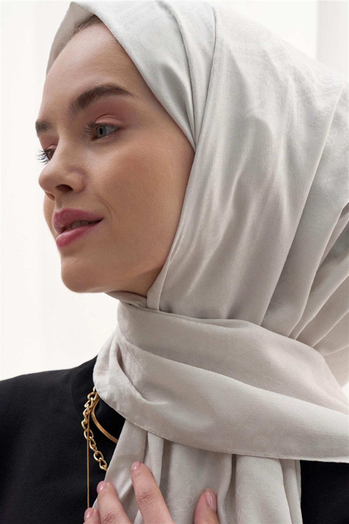 Antik Desen Pamuk İpek Şal Gümüş