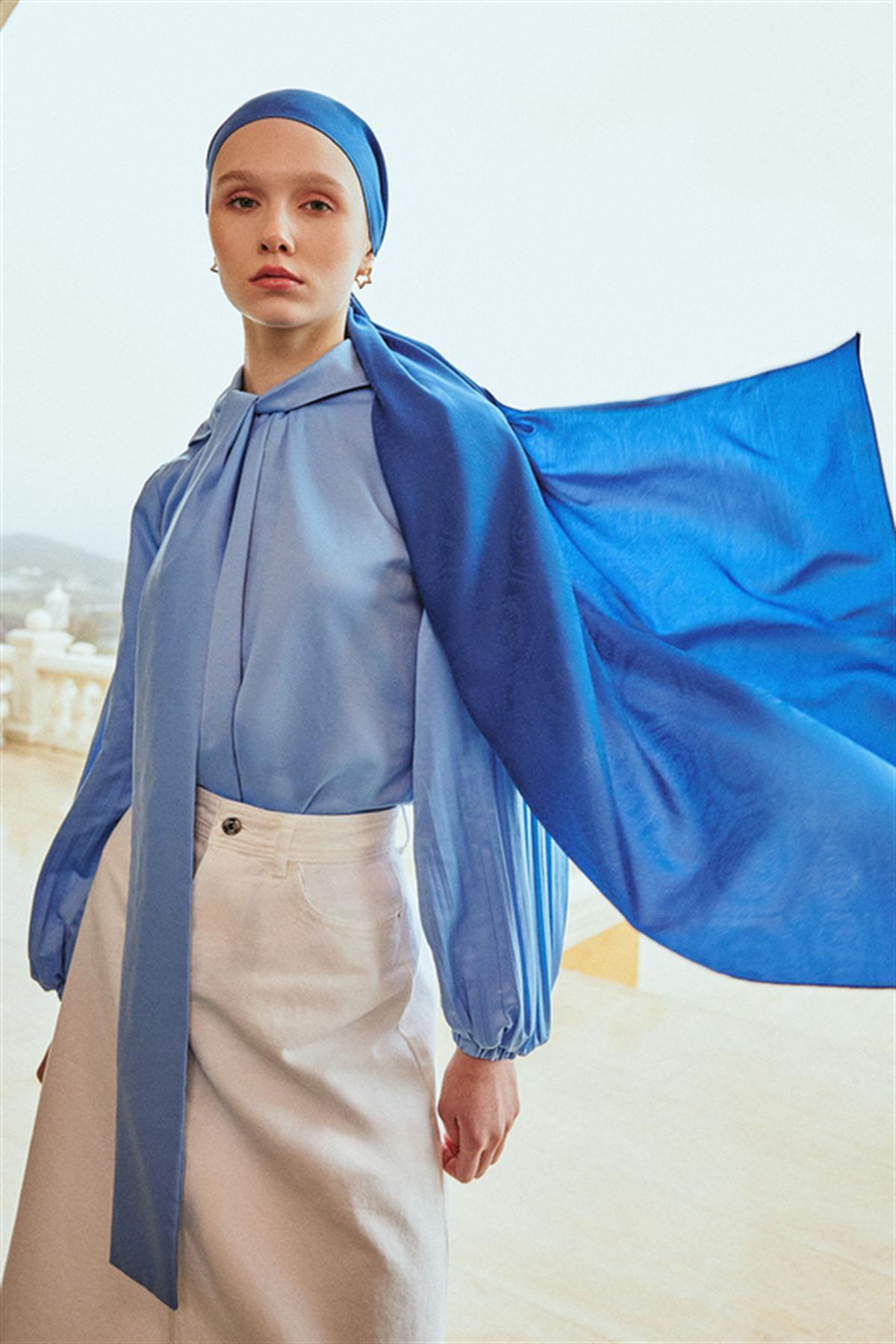 Antik Desen Pamuk İpek Şal İndigo