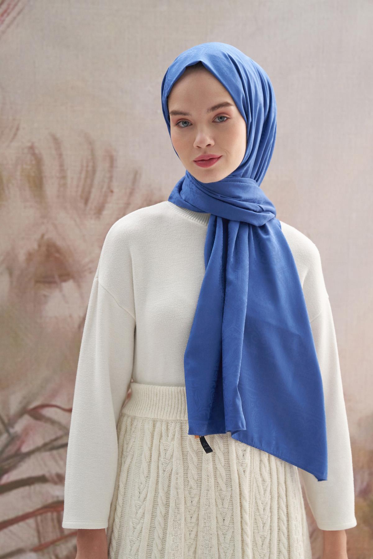 Antik Desen Pamuk İpek Şal İndigo