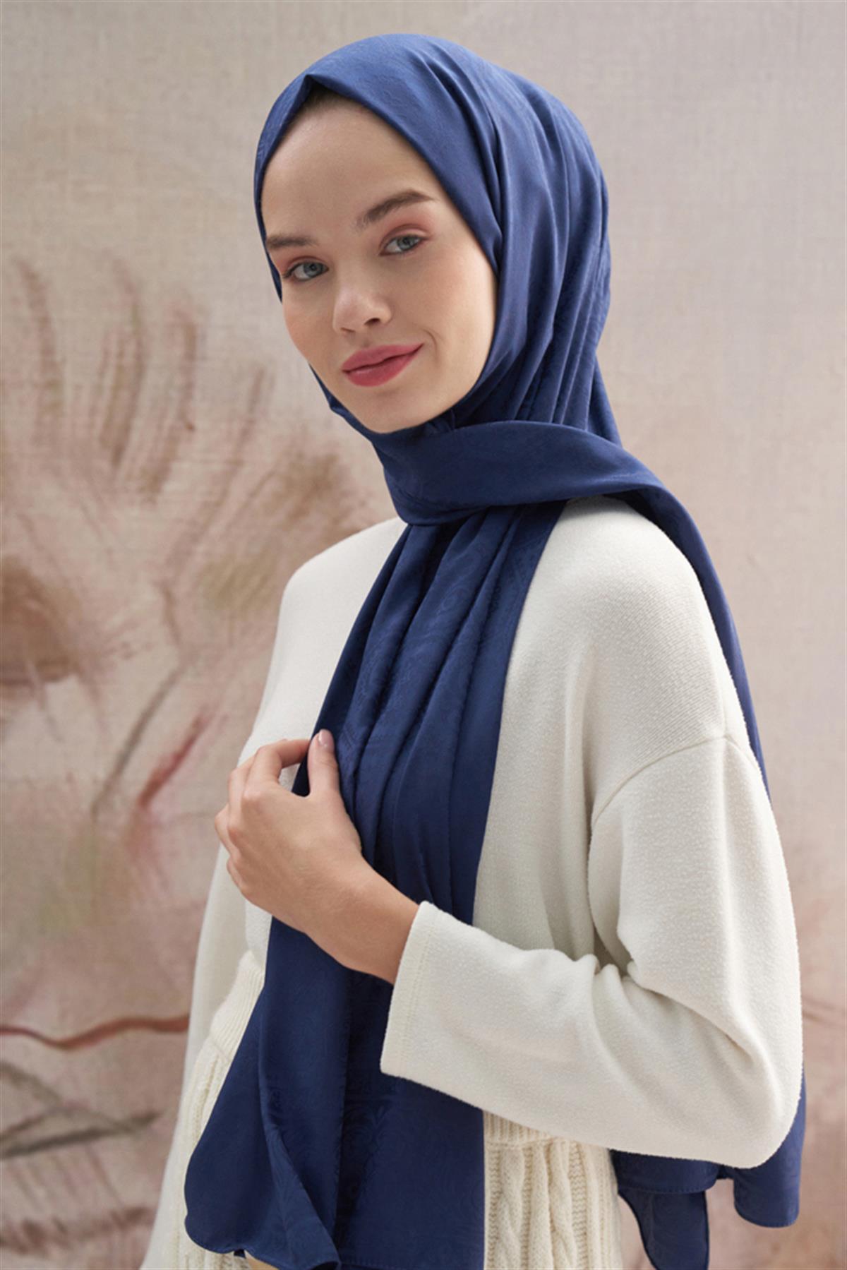 Antik Desen Pamuk İpek Şal Lacivert